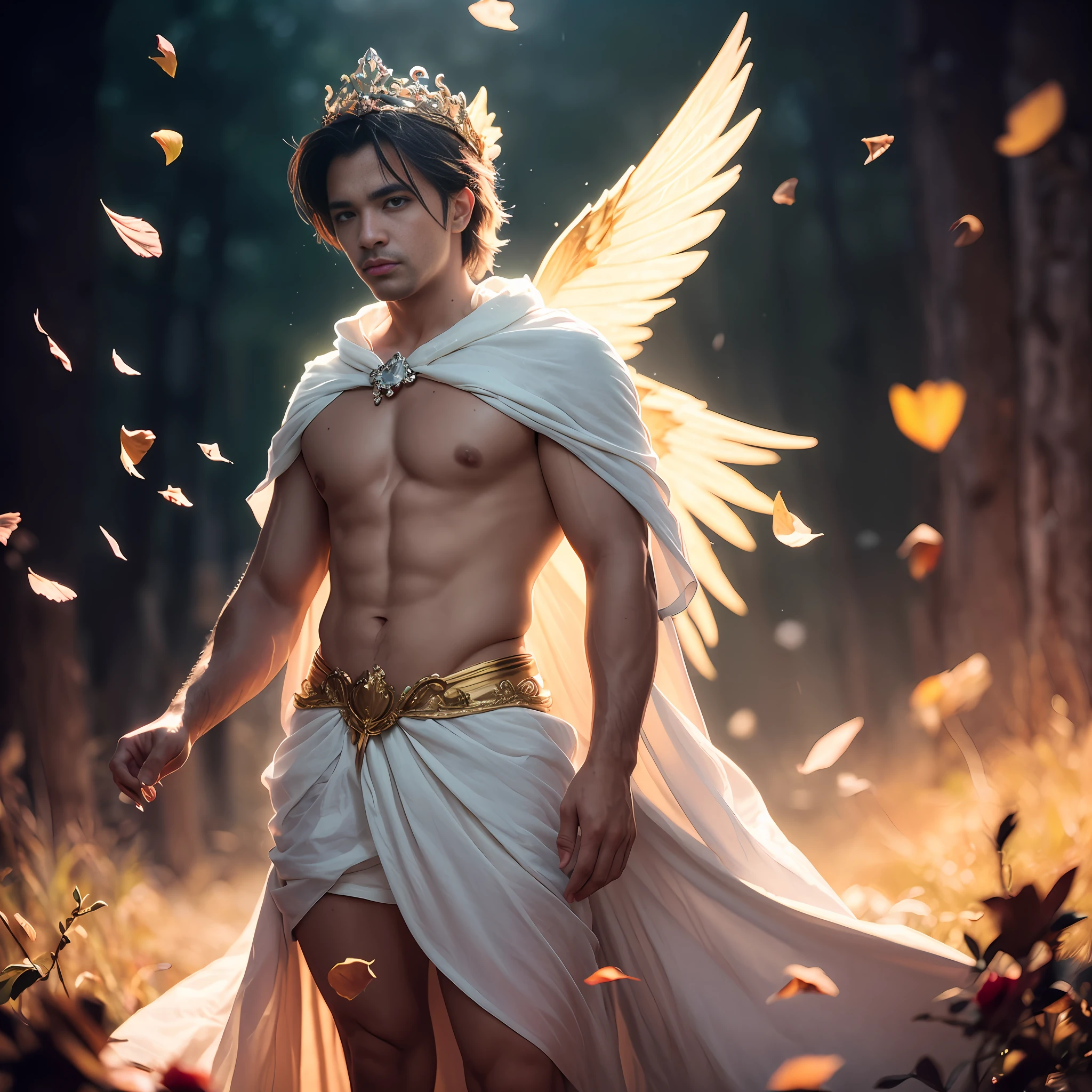 Gorgeous Male Fairy Man with White and Golden Wings, Rose Petals Flying, Crown of Flowers, Wide-angle Film, Twilight Lens, Soft Lighting, Dynamic Angle, Full Body, Bokeh, Rose Petals Flying, Crown of Flowers, Thin Cloth Flying in Background Like Mist, Dark Forest in Background With Thick Mist, Wide-Angle Twilight Lens Film Directed By Peter Jackson : :20 HR delicacy, beauty, full body, lush vegetation blurred background, vibrant colors, lush light, soft light, sunset light, smooth light, symmetrical, full body, reflections, dynamic HDR lighting, 8k resolution, cinematic film, smooth, sharp focus, realistic, strobe light beams, (((blurred background)):1.7, (((depth of field)) ):1.8, cinestill 800t 35mm, high quality, heavy grain, high detail, cinematic composition,  dramatic light, anamorphic, ultra wide lens, hyperrealistic