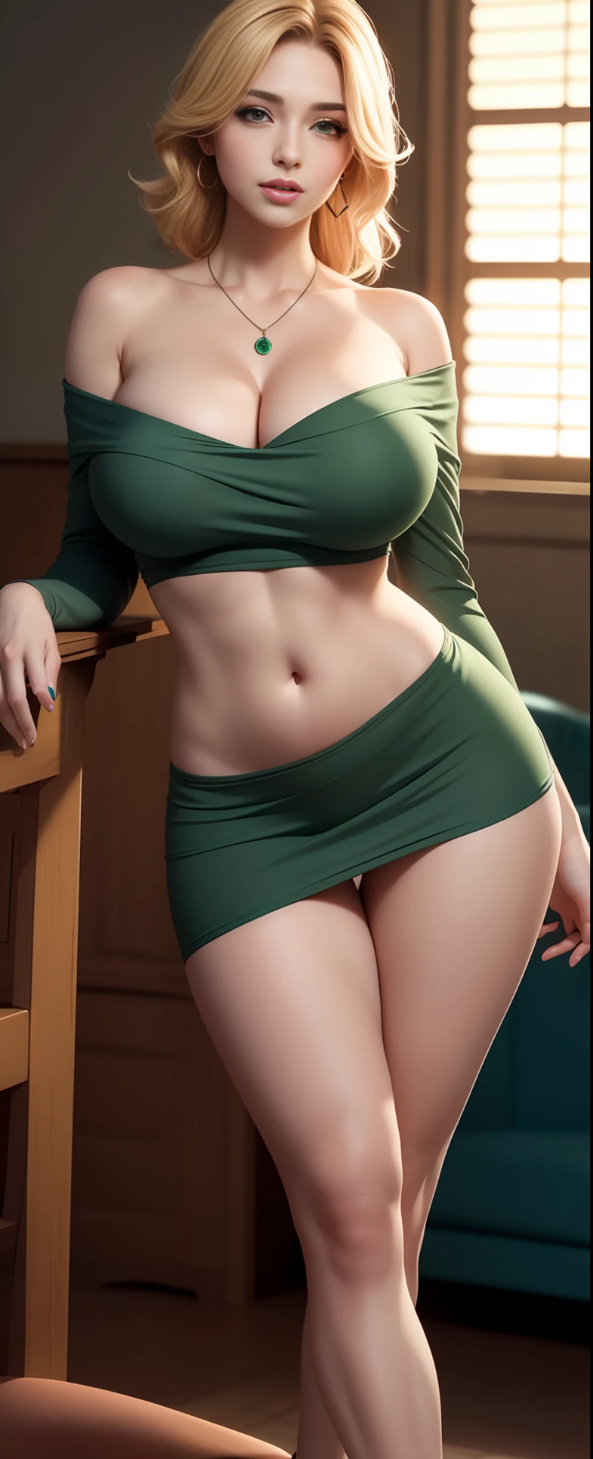 simple background, Leona Heidern in a chair, (perfect face), blonde hair, earrings, wet face, defined jawline, tongue out, beautiful green eyes, necklace, beautiful lips, sexy, oiled body, realistic, off shoulder dress, perfect detailed shoulder, very huge breast, very big breast, teasing, soft natural breast, realistic breast physics, god rays, detailed skin, realistic shadows, unreal engine 5, cinematic color filter, standing up, full body pose, heels, detailed bright skin, sexy detailed stomach, belly button, detailed ass, seductive eyes
