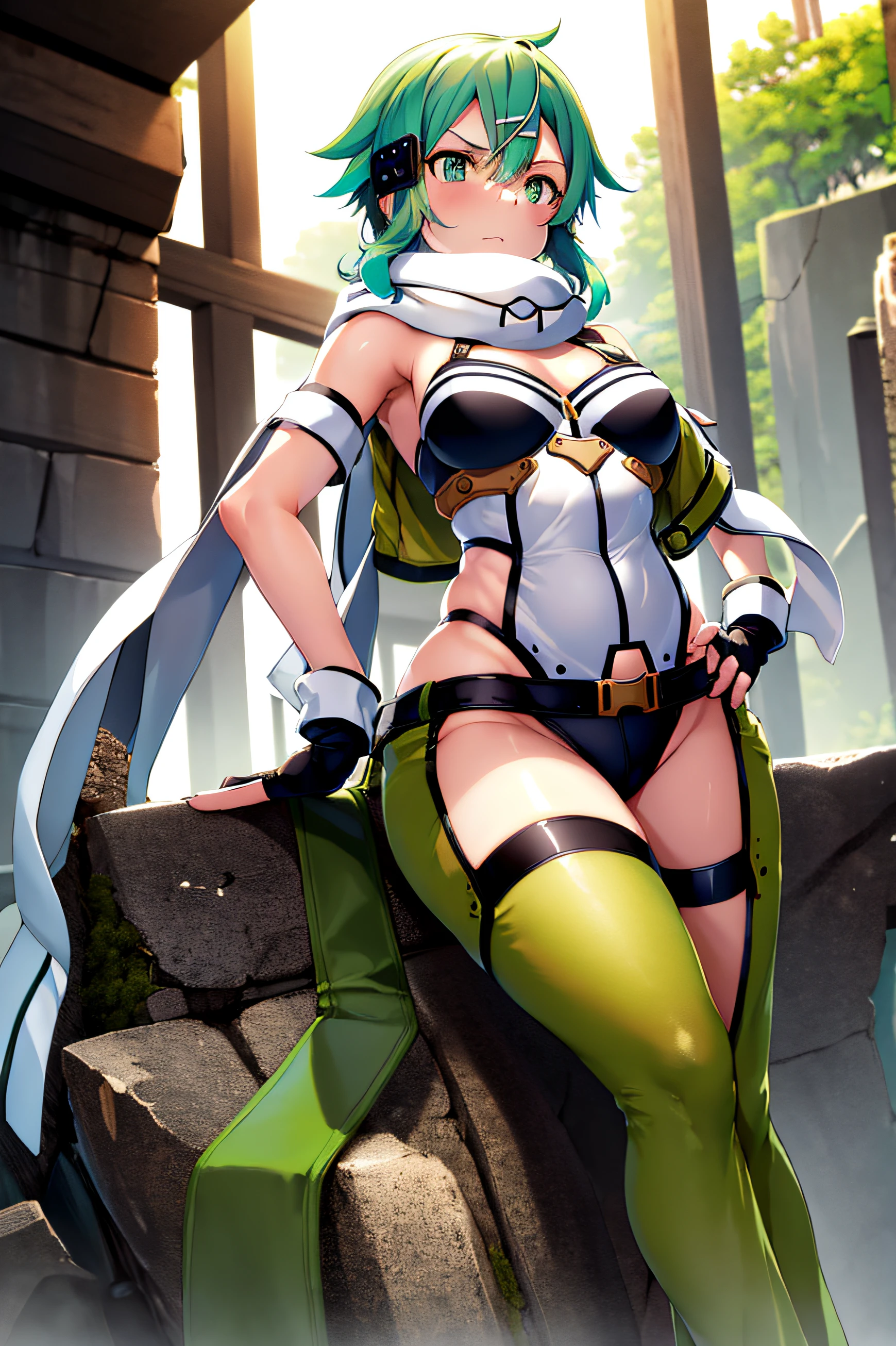 ((nsfw1.5)) masterpiece, best quality, highres, 1girl, elf, pointy ears, green hair, long hair, green eyes, hair bow, black gloves, brown shorts, locks, cape, green thighs, short shorts, belt, small breasts, cowboy shot, forest, sitting, leg up,