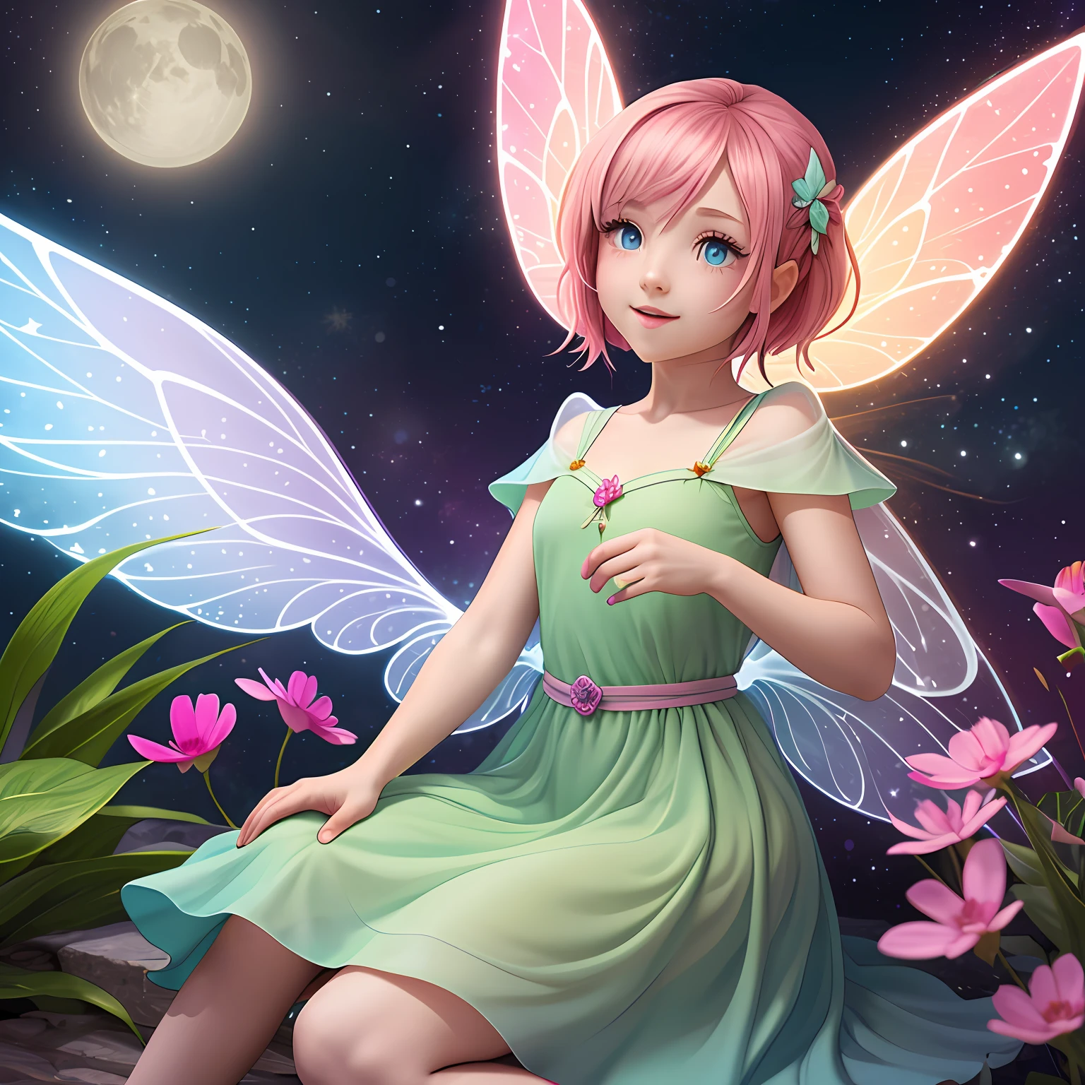 Fairy with bright wings and pink hair for ren's tales --auto