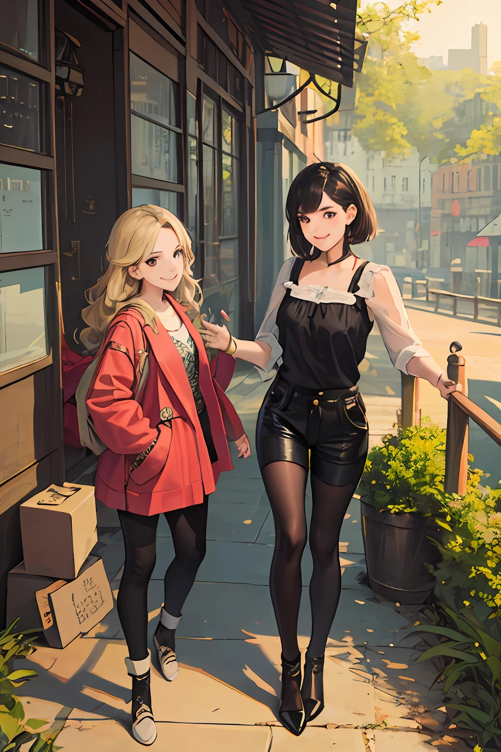best friends talking (best quality, masterpiece: 1.3), (2girls, ), smile, looking at the viewer,