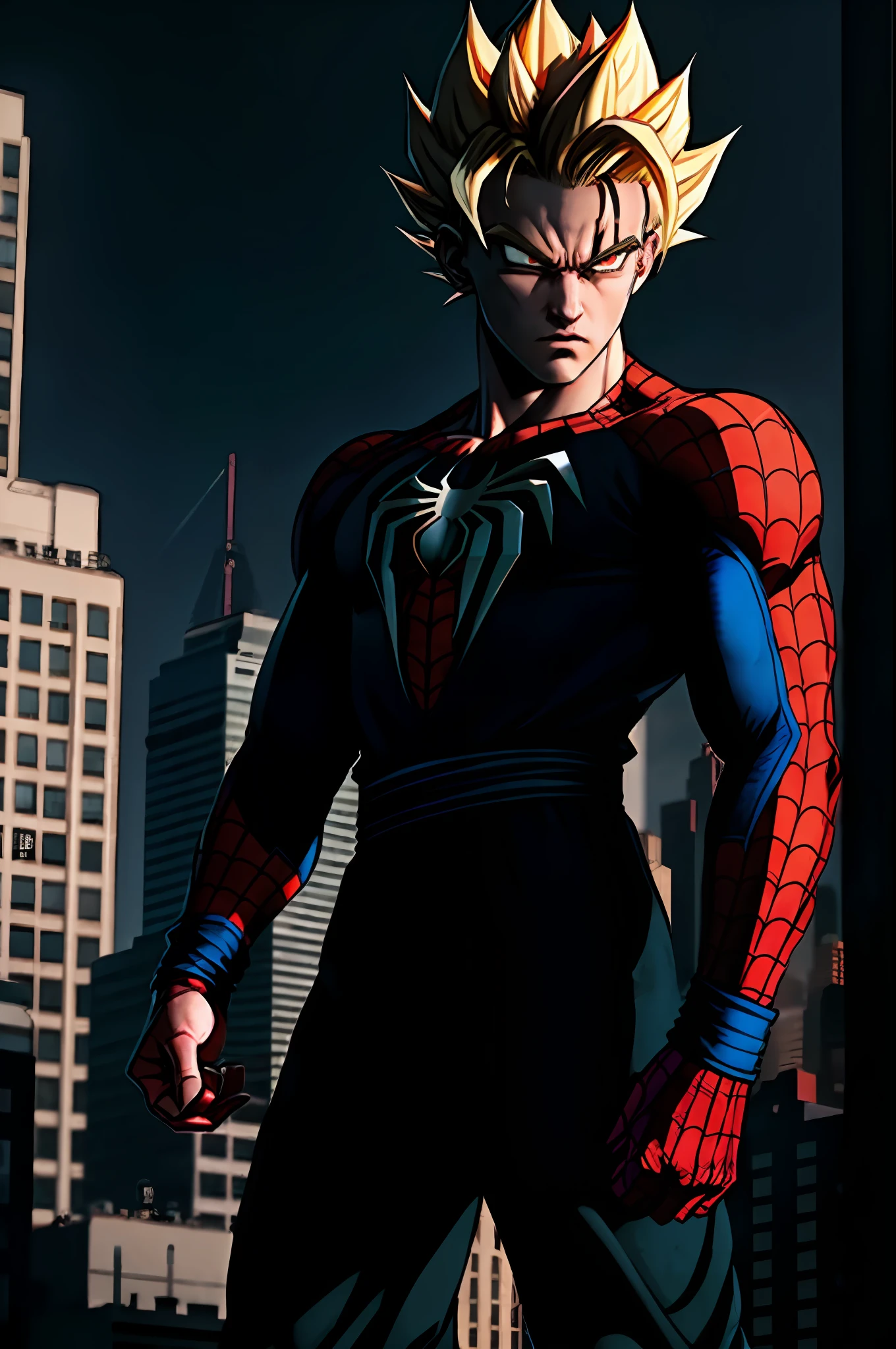 Son Goku, 1boy, brave, blonde hair, spiderman dress, white eyes, male focus, muscular, dark city, solo, spiky hair, super saiyan 1, ((masterpiece)), best quality, dark, dramatic light, new york city