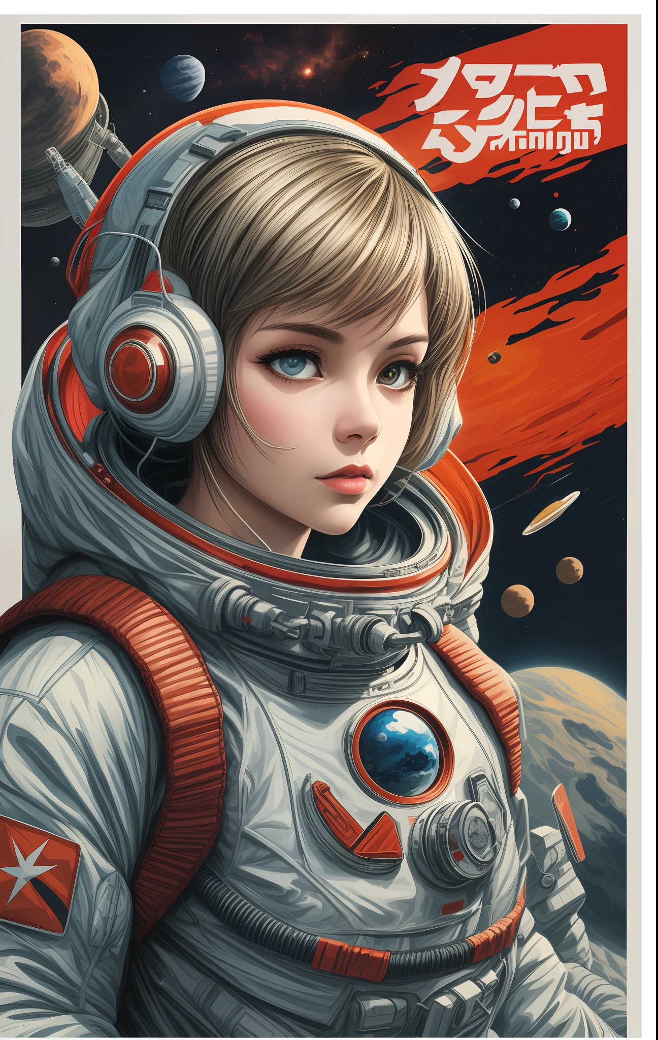 a projected abstract flat color vector (poster):1.2) with a (girl):2) in a (space suit):1.5), anime portrait Space Cadet girl, artgerm jsc, (Soviet style):1.2) cyberpunk, guweiz-style art art, retro sci-fi art, girl in space, Soviet propaganda poster style):1.2), Soviet propaganda style.