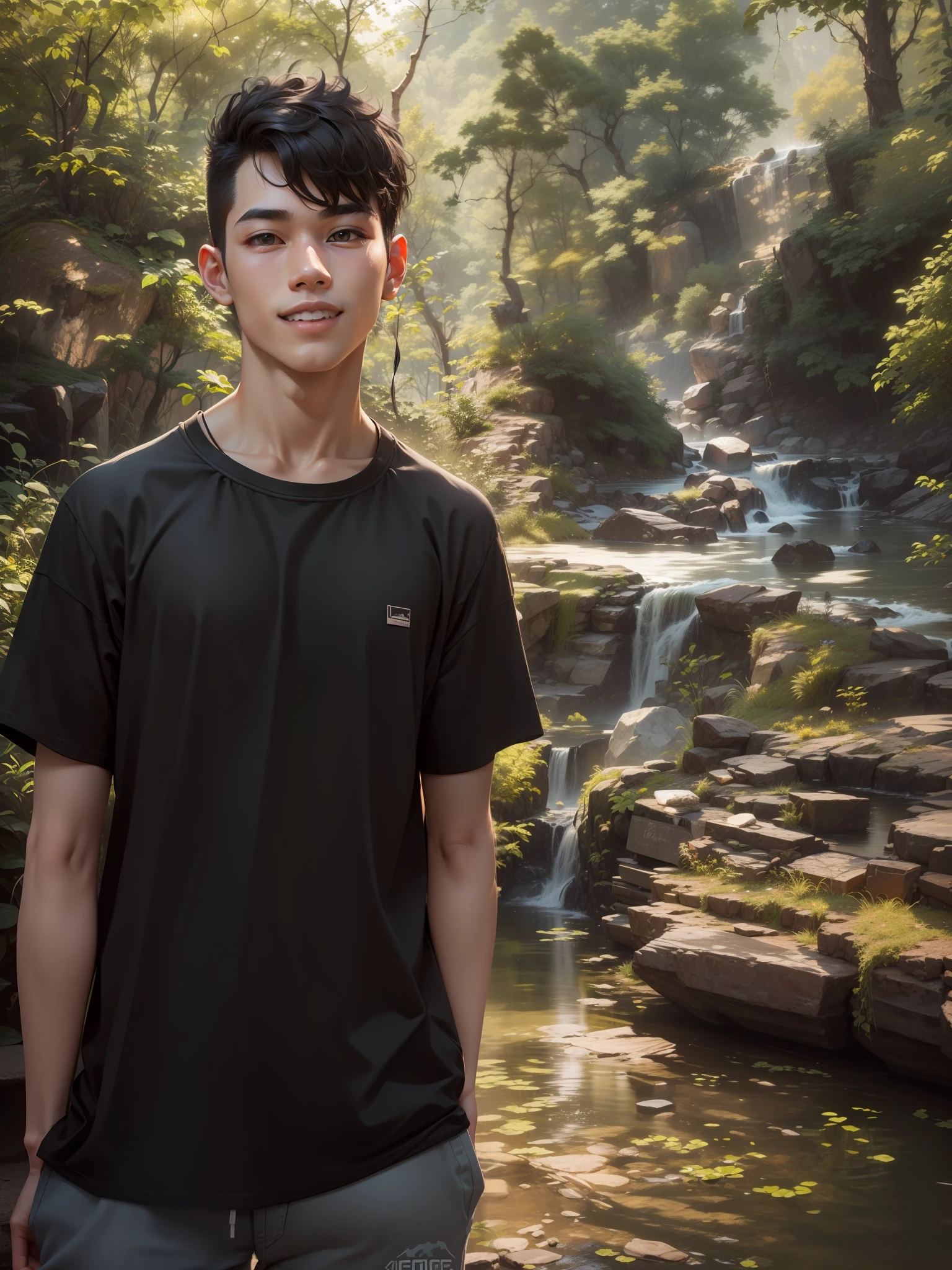 (masterpiece), realistic, (15yr old male), beautiful face, wearing a Simple beige shirt and denim skirt, studio lighting, cinematic light, beautiful woman, beautiful black eyes, milk beige middle hair, perfect anatomy, very cute smile, princess eyes , (black eyes), (head frame), center image, style, bioluminescent, 8 life size, 8k Resolution, human hands, curiously complete, elegant, close to perfection, dynamic, highly detailed, character sheet, concept art, smooth, positioned so that their bodies are symmetrical and balanced directly towards the viewer, amazing Incredibly beautiful 20-something korea boy, detailed hairstyles,