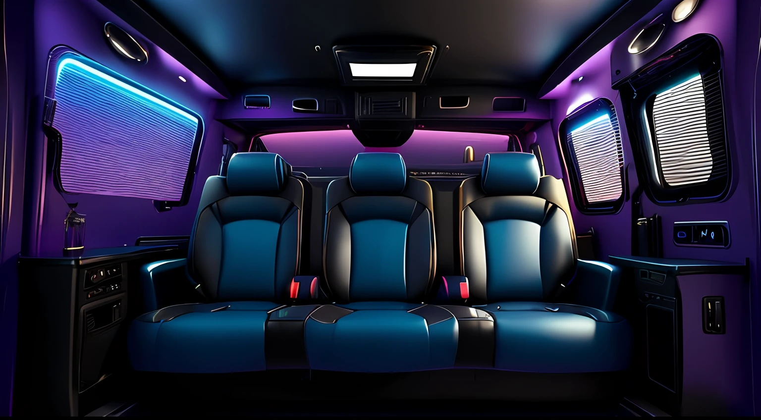 3d model of the interiors of a small luxury van, with luxury 4 seat blue and black leather, tv monitors, high quality surfaces, high quality renders lens flare, 4k resolution, warm violet ambient light, volumetric light, led lights, digital, foggy atmosphere, lens flares, light bloom, gobo night lights --auto