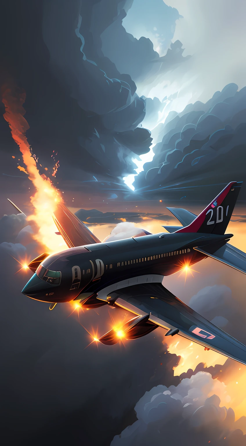 there is a large jet flying through the sky in a frontal direction, by Jens Søndergaard, rhads!, wojtek fus, detailed lighting and thunder, on the side prefix 889, epic 3d illustrations, concept art | prefix flight 889, cg art, rhads!, android jones and rhads, from beyond Survival