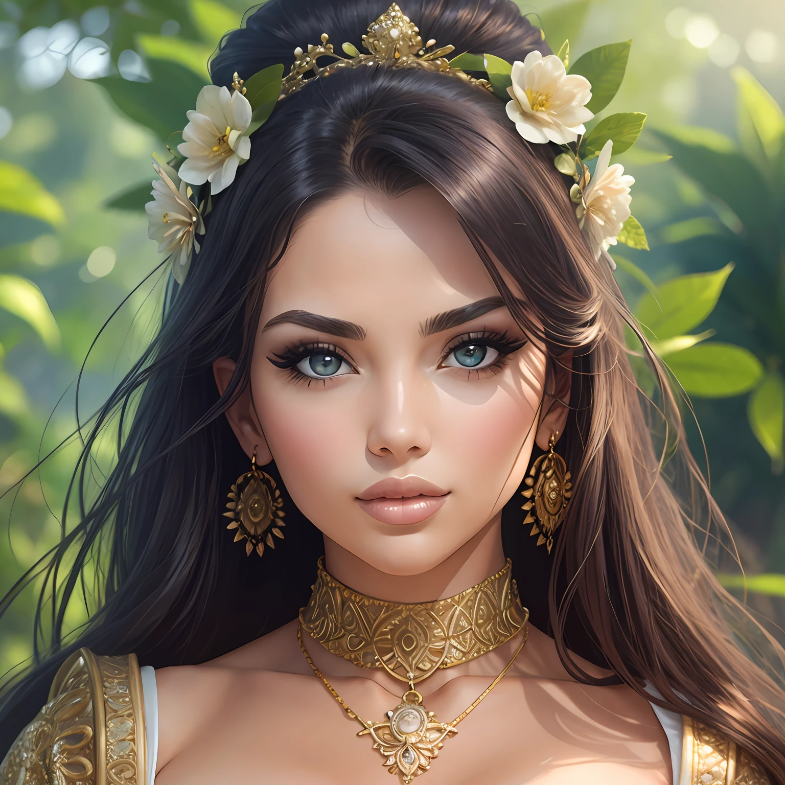 Portrait of a girl, extremely beautiful, a lush garden, jewelry, masterpiece, best quality, CG, wallpaper, HDR, high definition, intricate details, perfect face, confident expression, (athletic, amazon goddess, medium breasts, (lustrous skin, immaculate skin, clean skin), portrait, close-up, detailed makeup, sexy pose, (outdoor: 1.1), wide hips, narrow waist, looking at the viewer