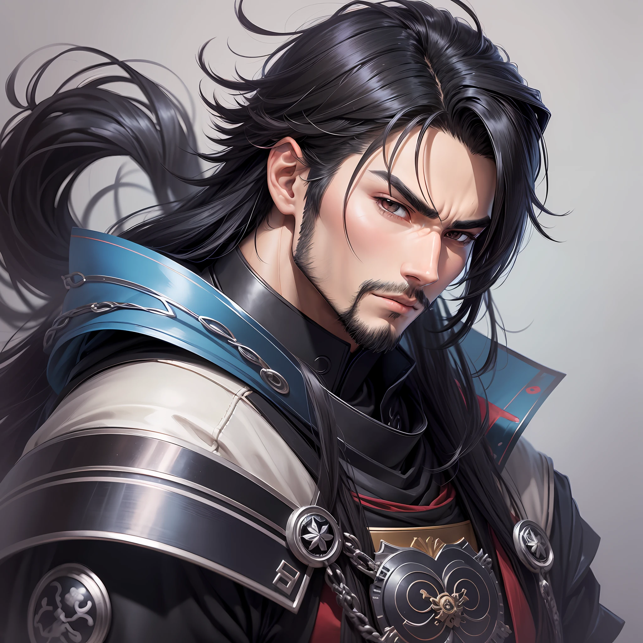 Create a male avatar, for a new account on tik tok to attract more followers, the account name is AnaLiZeiAniMangas, and the purpose of the account is to generate tips, suggestions and reviews of anime and manga and more, welcome. Masculine, long black hair and samurai appearance with modern look --auto --s2