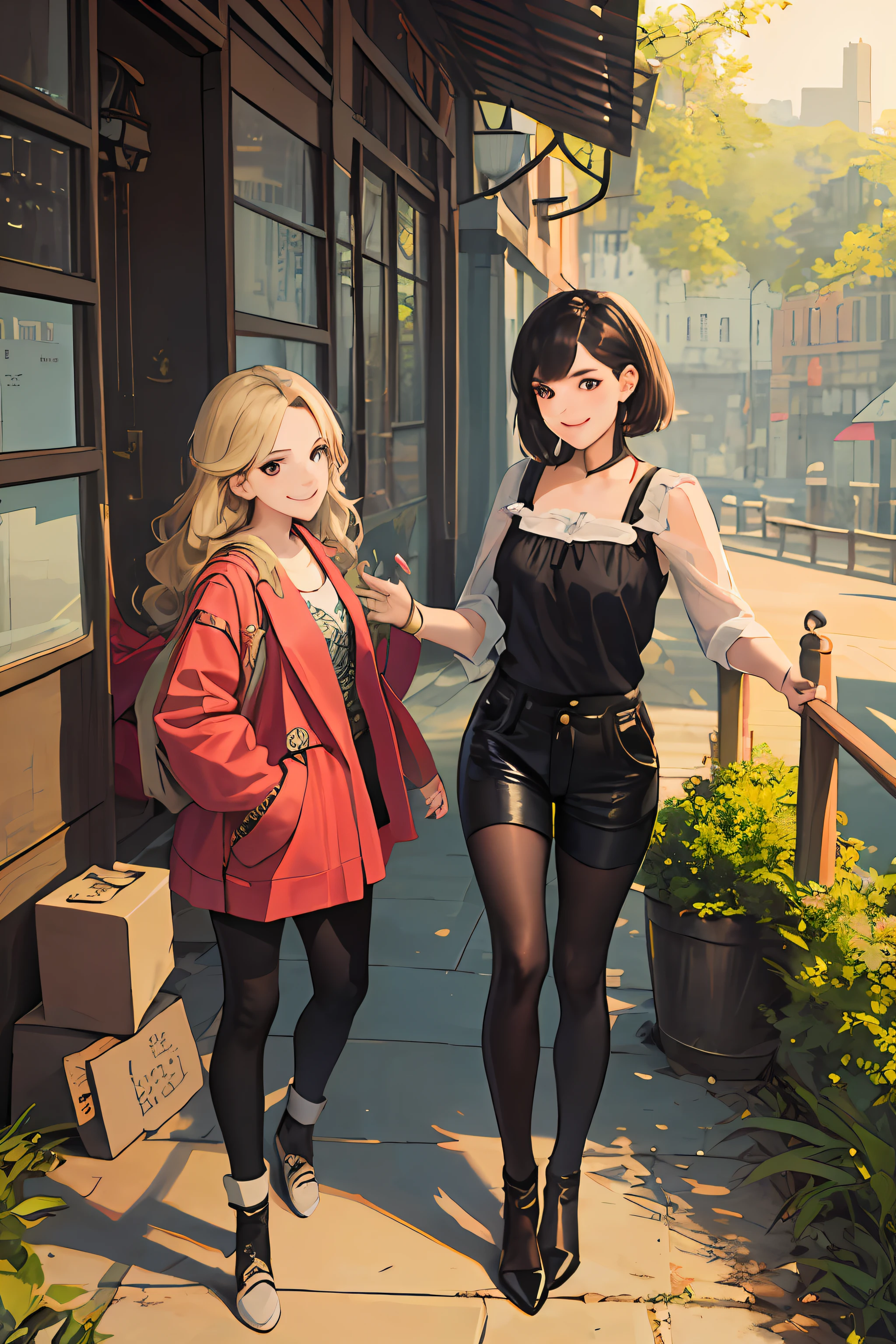 best friends talking (best quality, masterpiece: 1.3), (2girls, ), smile, looking at the viewer,