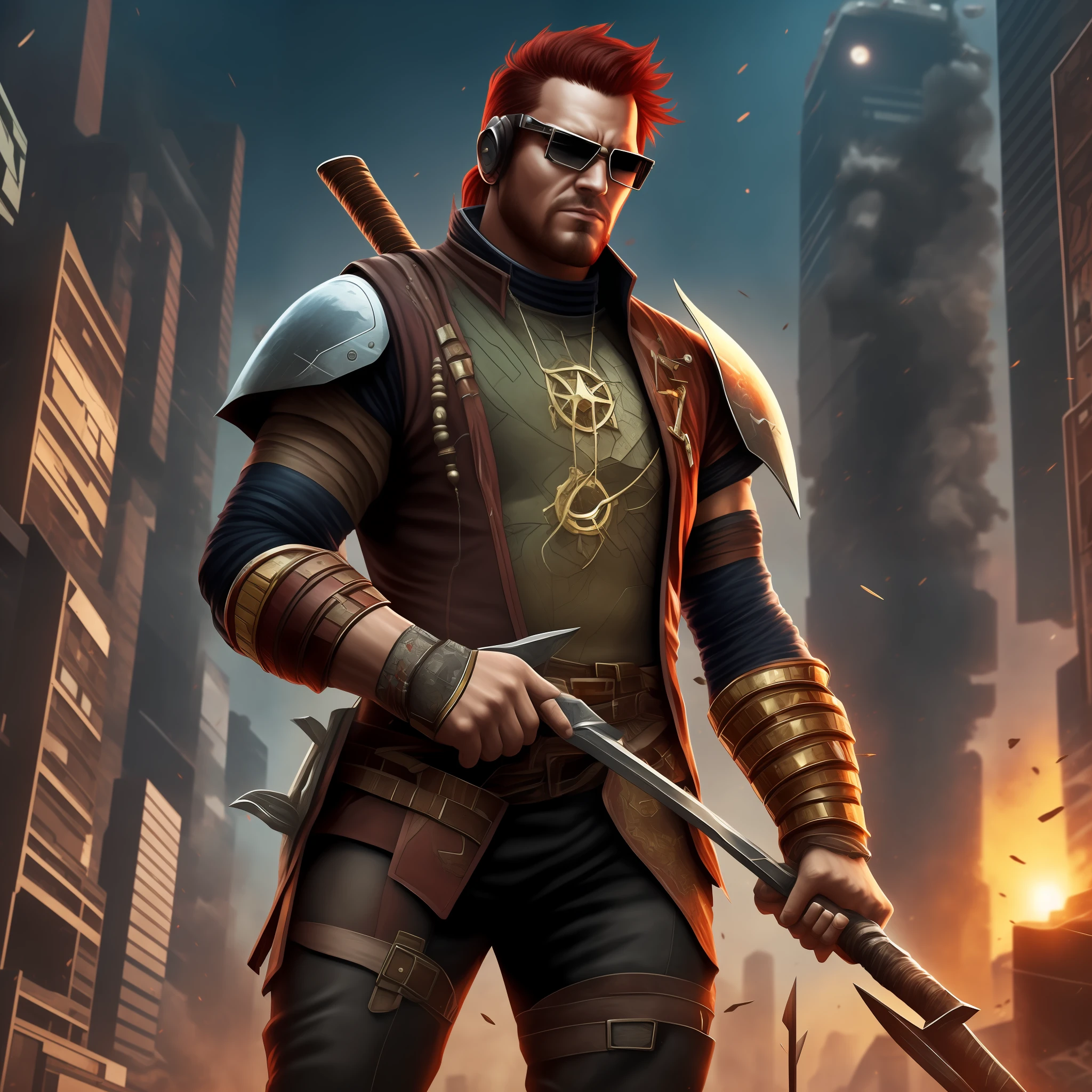 A red-haired, bespectacled futuristic barbarian man in a high-tech, futuristic tech suit in a city in destruction in an apocalypse in the cyberpunk future