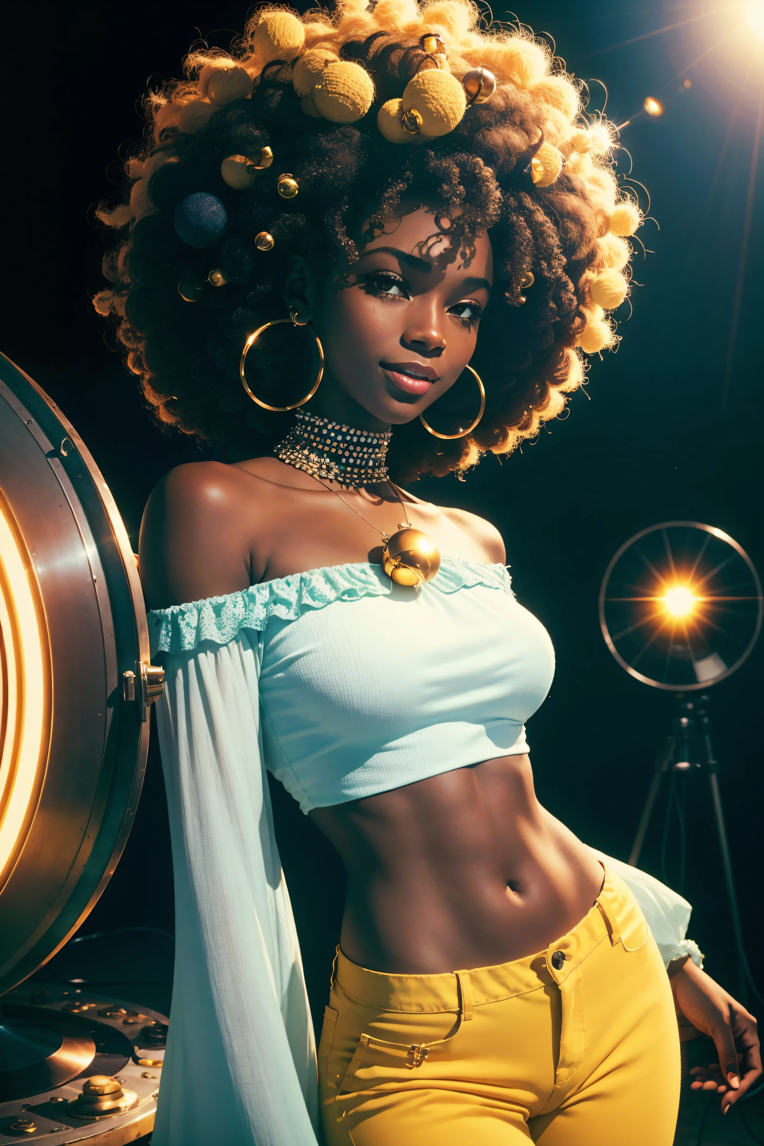 1 young female , smile, dark skin tone, afro hair, a pair of sparkly bell-bottoms, a white blouse, yellow and cyan tone, 1970s, huge ear ring, Bell-bottoms, flares, Disco Mirror Ball,
analog style (35mmstyle:1.1), masterpiece, , cinematic lighting, (photorealistic:1.3), (film grain), film noise, kodak proimage 100, depth of field , bokeh