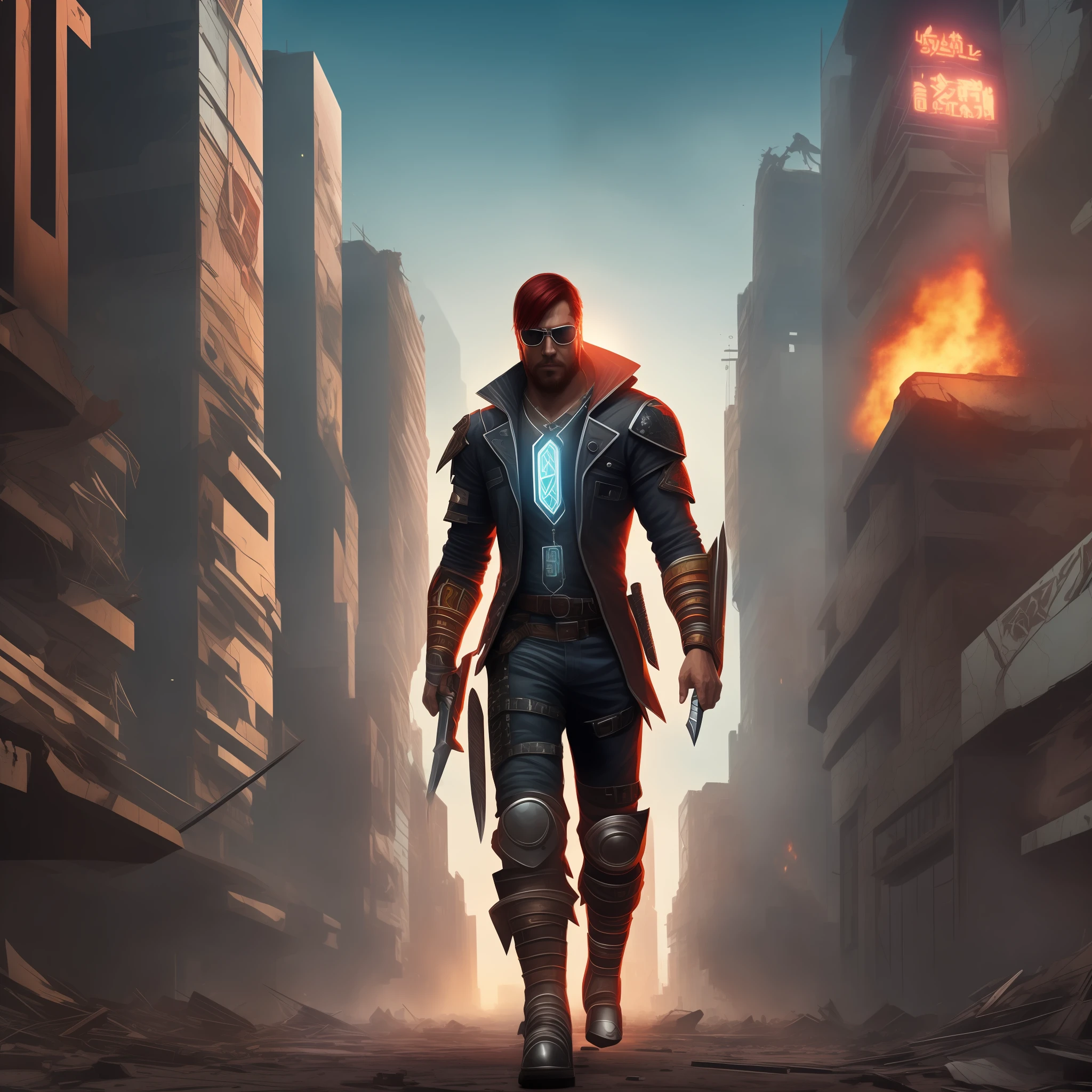 A red-haired, bespectacled futuristic barbarian man in a high-tech, futuristic tech suit in a city in destruction in an apocalypse in the cyberpunk future