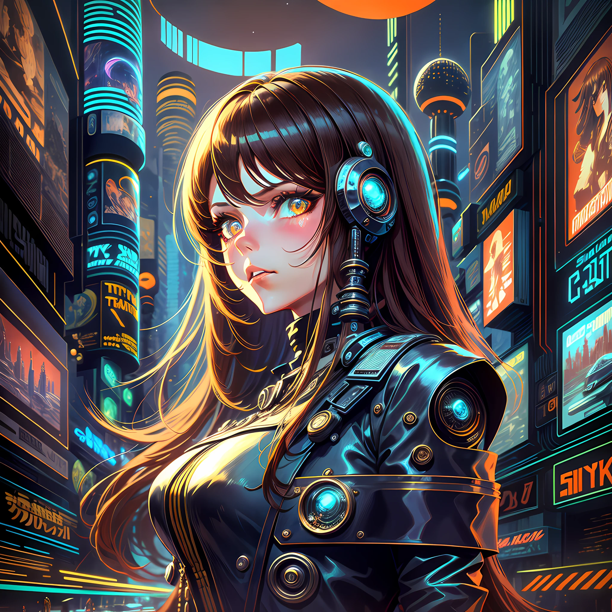 1girl, solo, long hair, brown hair, amber eyes, looking at viewer, digital cyberpunk - anime art, futuristic city with neon lights, modern cyberpunk anime, cyberpunk girl, cyberpunk themed art, cyberpunk beautiful girl, 1970retrofuturism