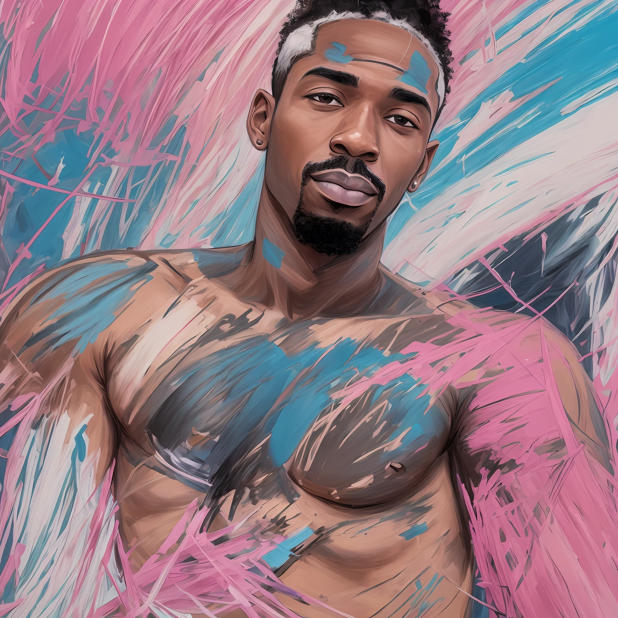 Illustrate a realist piece that portrays black man with double mastectomy scars, capturing their resilience, courage, and embrace their true selves. using the brushstrokes technique. breaking free from traditional gender norms, with blue, pink and white colours