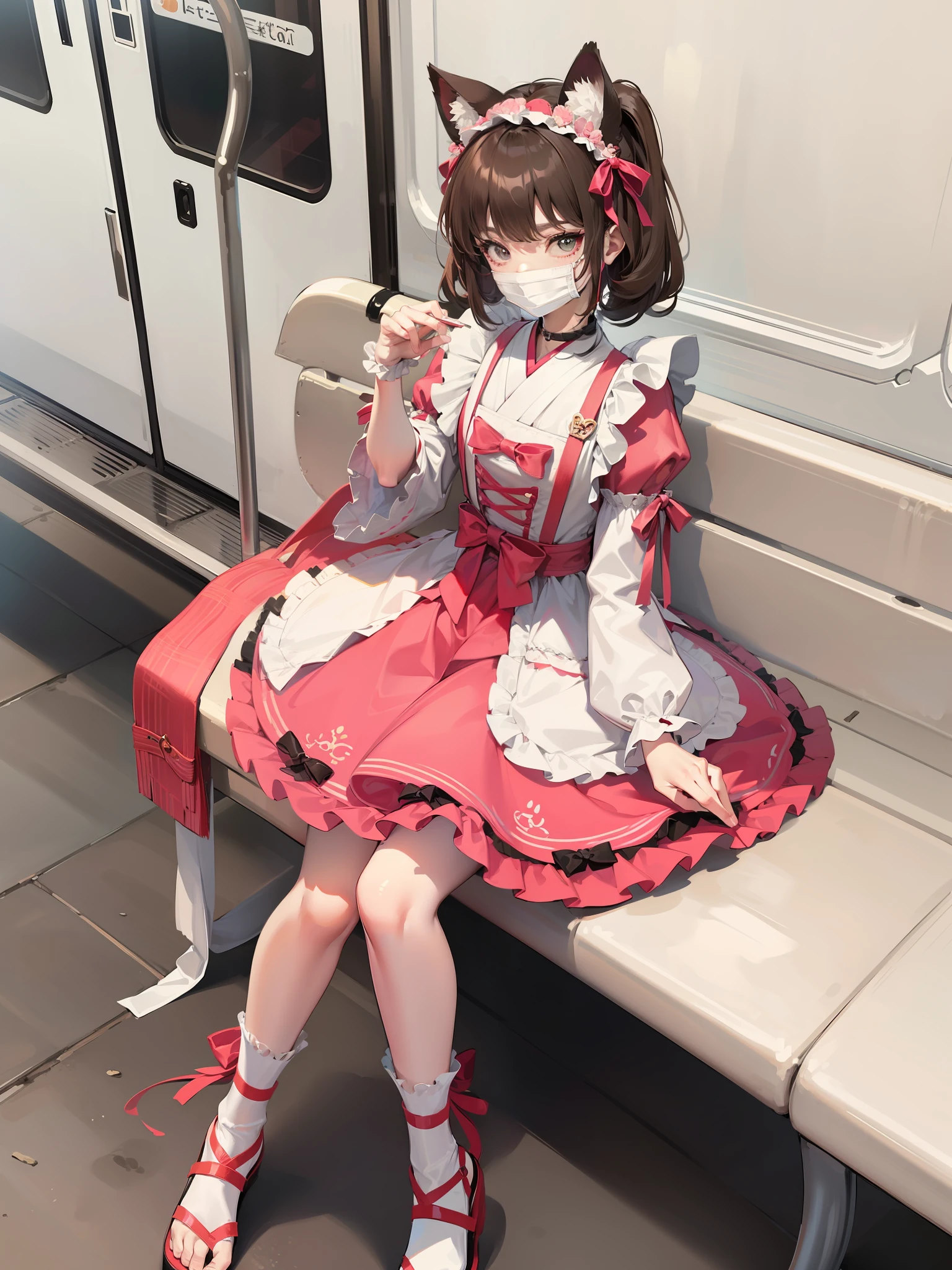 Arakfi sitting on subway bench wearing mask and dress, ta fashion, Lolityle, anime girl cosplay, loli, cunime wai fu in beautiful clothes, cat boy cosplay! Maid! Dress, angelic pretty, loli in dresapanese maid café, portrait of radical lolita girl, jape clothes, y 2 k cute clown nucleus