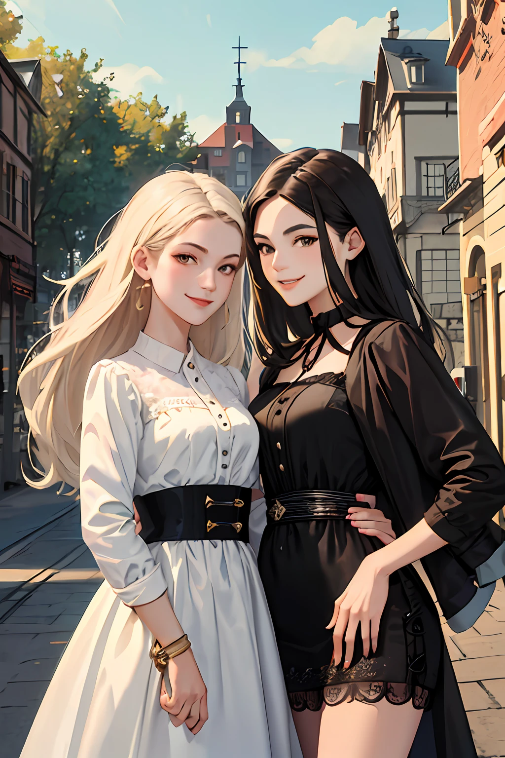 best friends talking (best quality, masterpiece: 1.3), (2girls, ), smile, looking at the viewer,
