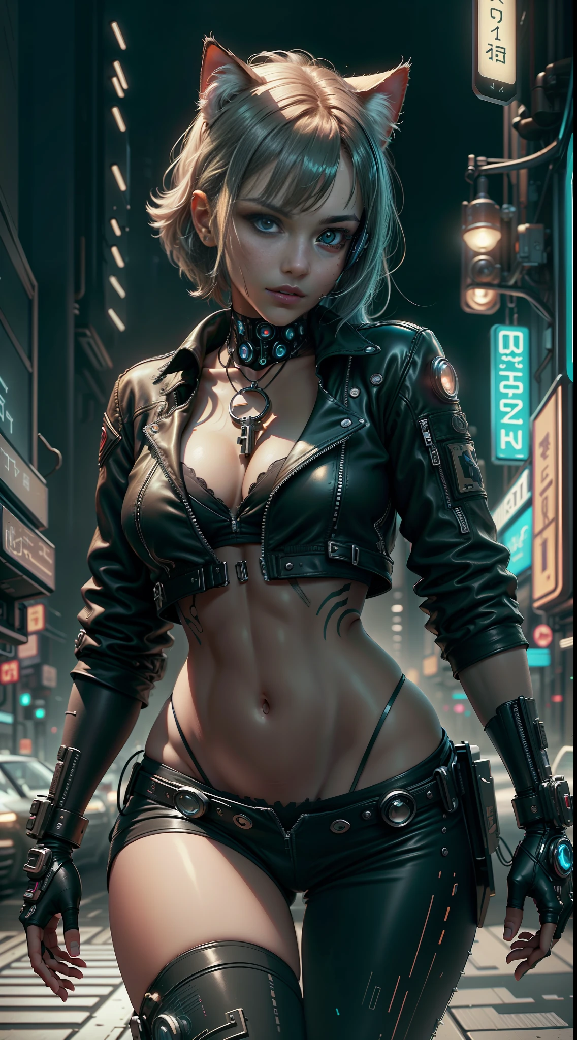 Beautiful portrait photograph of Reika Shimohira as a Nekomata catgirl, slender body, slender hips, big breasts, wearing full ((heavy cyberpunk armor)) with neon trim, ((leather tech jacket)), cat ears, cat tail, science fiction, cyberpunk city in the background, Gantz, In the Style of Cyberpunk 2077, Ultra realistic photo, masterpiece, best quality, CG, wallpaper, HDR, high quality, high-definition, extremely detailed, {beautiful detailed face}, {beautiful detailed eyes}, (detailed light){{intricate detail}}, {highres}, ((detailed face)), neon light, chiaroscuro, key visual, intricate detail, highly detailed, breathtaking, vibrant, cinematic
