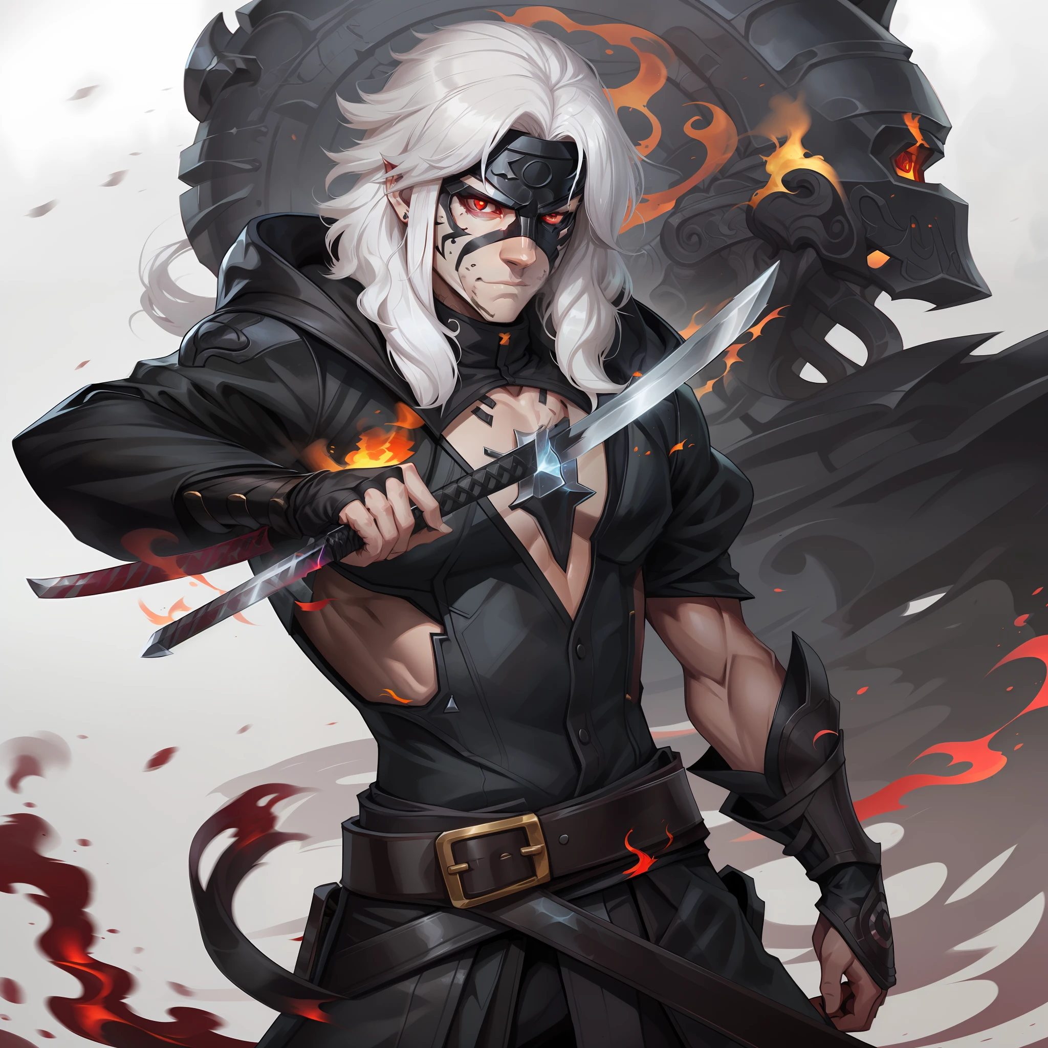 anime face white hair, red eyes, black fireball in hand, digital art, white hair, crimson red eyes, Fire around, standing, neutral background, arcane art style, long hair, male character, black clothing, black fire, katana on the back, look of brave, battle wounds, black mask on the face