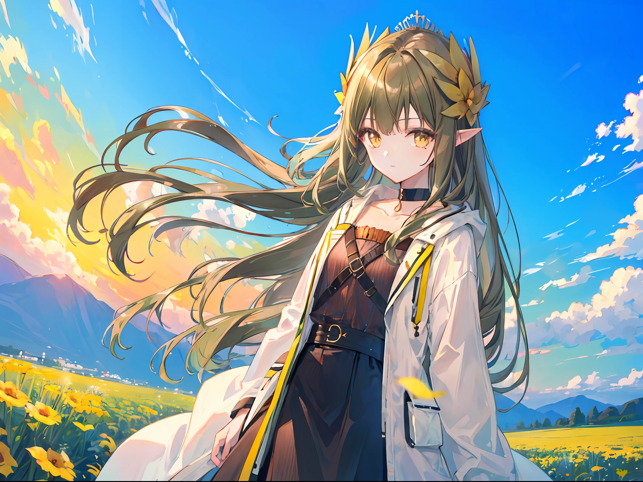 Mumu, long hair, brown hair AND green hair, pointy ears, yellow eyes, hair ornament, mole under eye, small breasts, open coat, black skirt, white coat, choker, flowerfield, masterpiece, best quality, 1girl, wind, sunset, panorama,