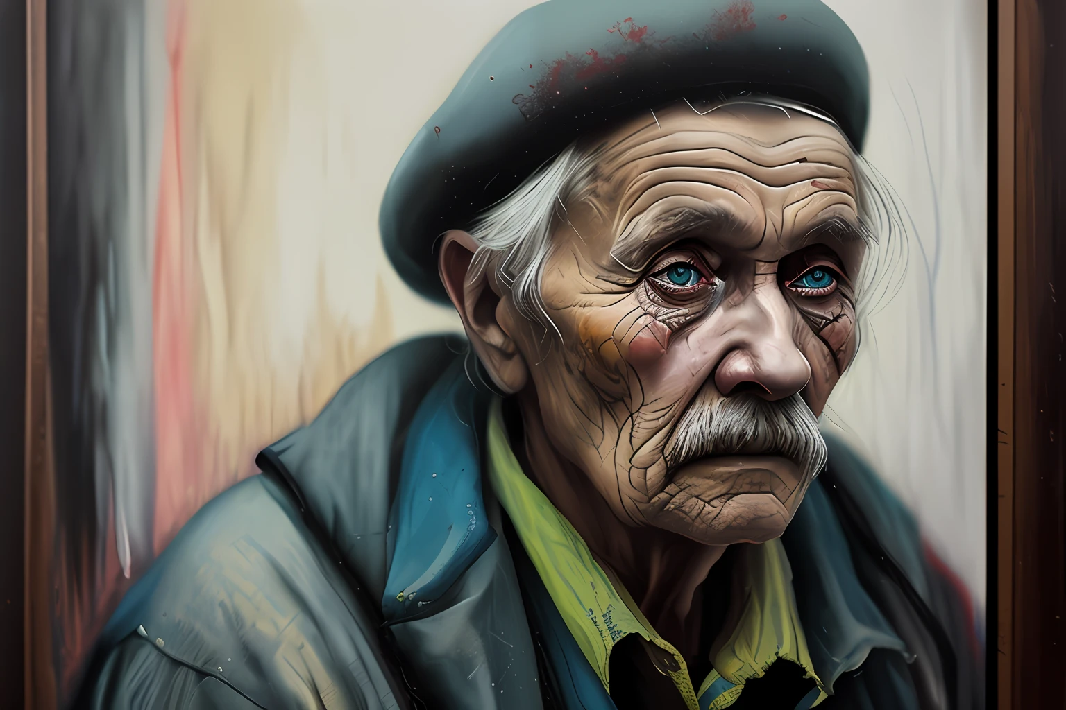 A portrait of poor russian 1800 old worker in rags, ((overwhelming fatigue )), wrinkles of age, concept art, oil pastel painting , moody gray colors , gritty, messy stylestyle of Alexey Savrasov, Ivan Shishkin, Ilya Repin, (cel shaded:1.2), 2d, (oil painting:1.2) highly detailed