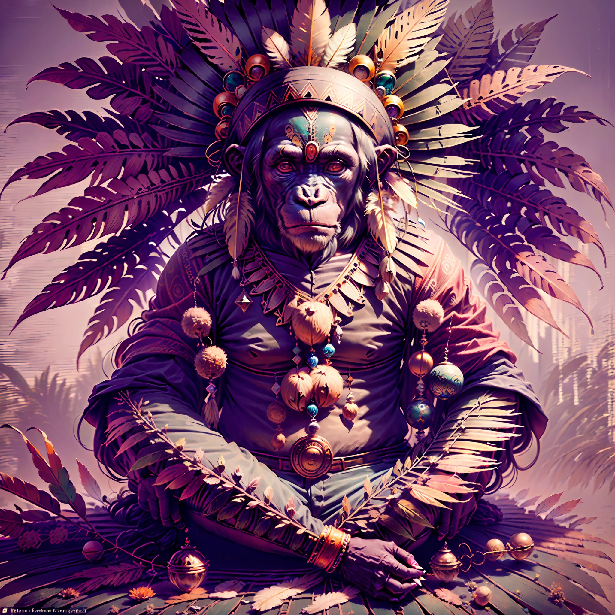 Chimpanzee ((Indian Shaman)),,((meditative state),,Shaman, elegant chimpanzee, hair with details, with Indian headdress on head, ((meditating)) many colorful feathers, colorful feathers, facing the camera, detail: dense tropical foliage, highly detailed intricate, ((masterpiece)), ultra hyperrealistic, masterpiece