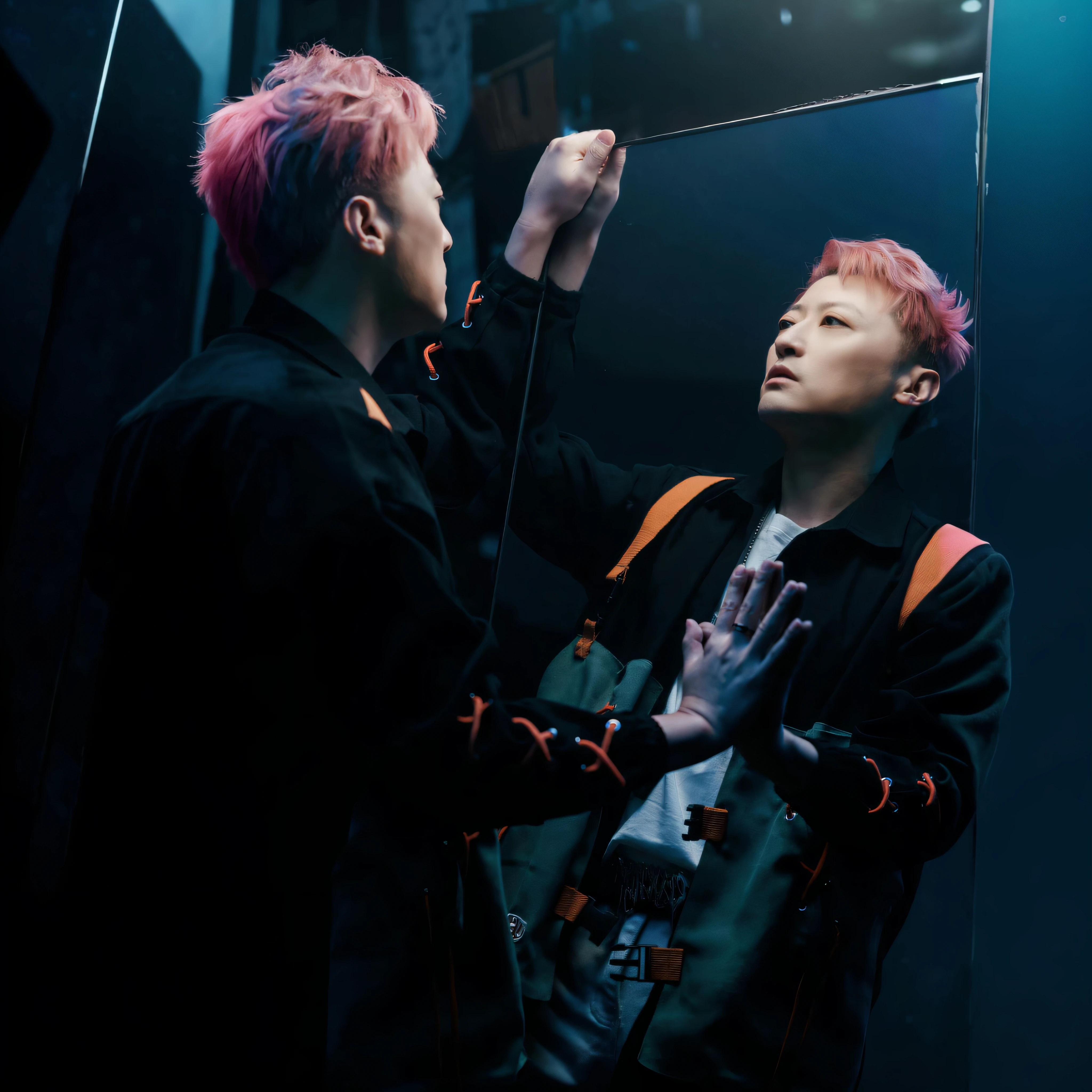 there is a man with pink hair standing in front of a mirror, cai xukun, key still, akehiko inoue and ross tran, beeple and james jean, daoshi, photoshoot, ross tran and bayard wu, hyung tae, jin shan and ross tran, & jeehyung lee & wlop, still from a music video, mark lee