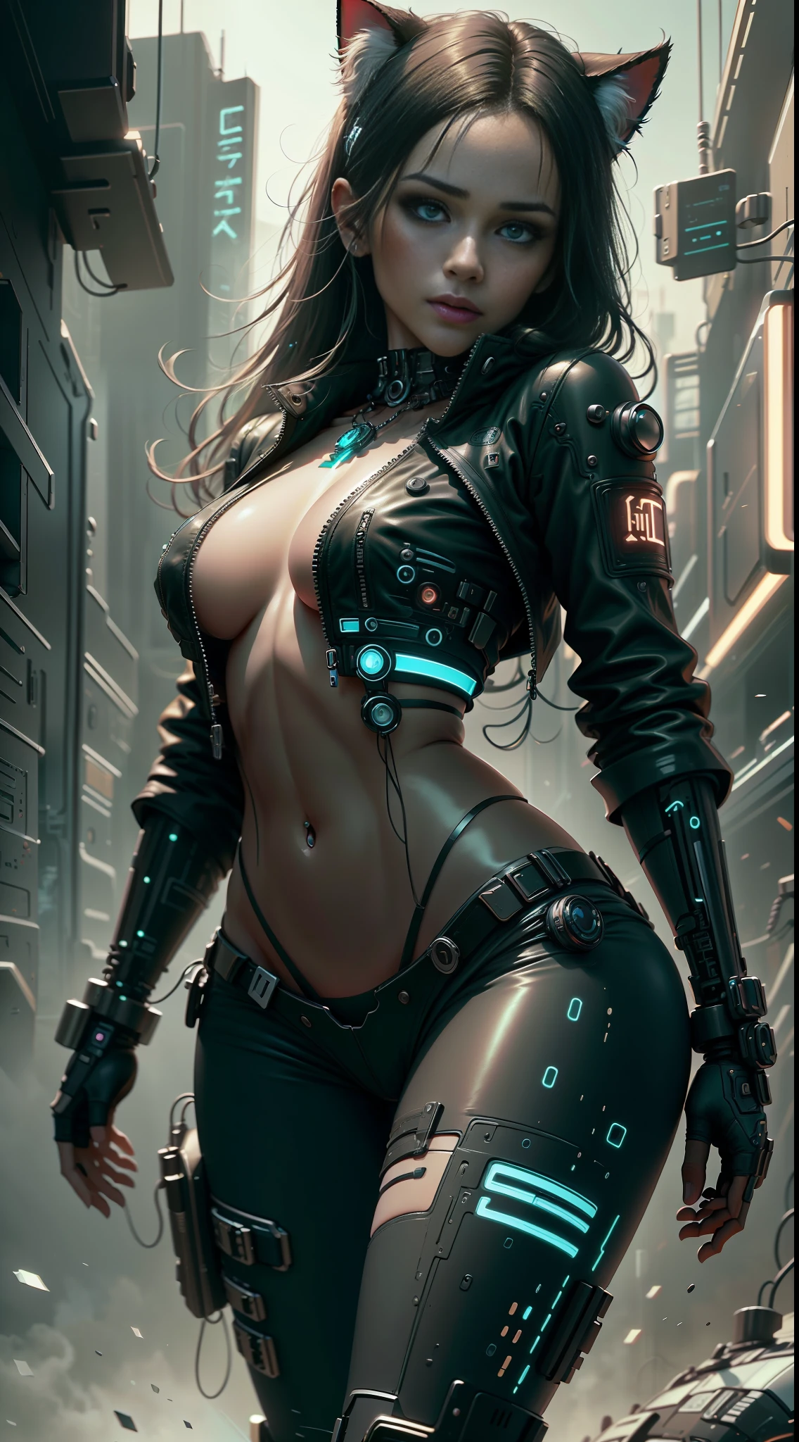 Beautiful close up portrait photograph of Reika Shimohira as a Nekomata catgirl, slender body, slender hips, big breasts, wearing full ((heavy cyberpunk armor)) with neon trim, ((leather tech jacket)), cat ears, cat tail, science fiction, cyberpunk city in the background, Gantz, In the Style of Cyberpunk 2077, Ultra realistic photo, masterpiece, best quality, CG, wallpaper, HDR, high quality, high-definition, extremely detailed, {beautiful detailed face}, {beautiful detailed eyes}, (detailed light){{intricate detail}}, {highres}, ((detailed face)), neon light, chiaroscuro, key visual, intricate detail, highly detailed, breathtaking, vibrant, cinematic