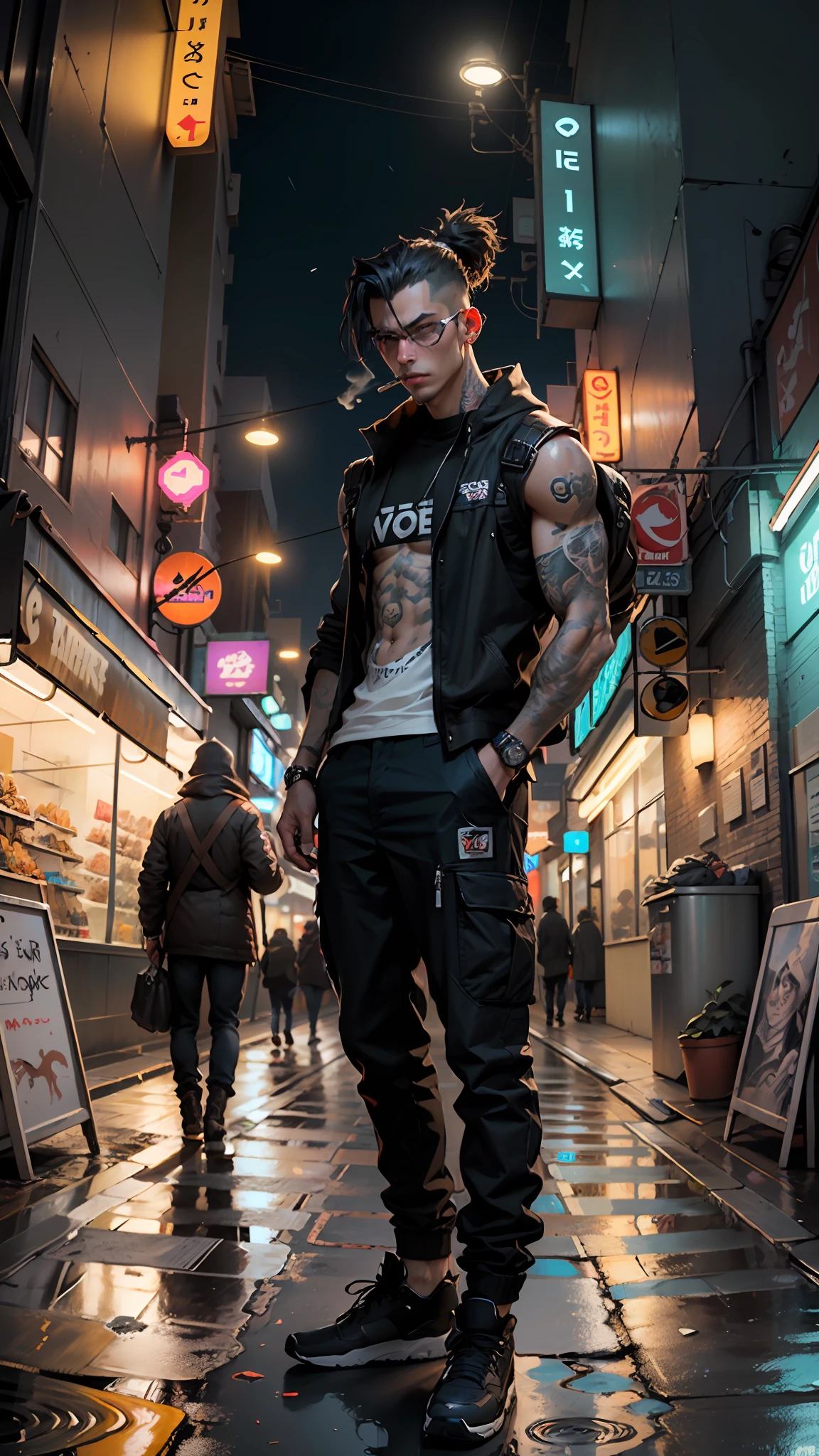 Cyberpunk male with lots of bionic body modifications and tattoos. Right arm is mechanic one and he is smoking a cigarette. He is looking rash and clearly a veteran on the streets. Image is extremely detailed. He wear street kid apparel and stand on night time city street of futuristic and busy cyberpunk city with lots of stores, billboards and neon lights. The street is wet from raind