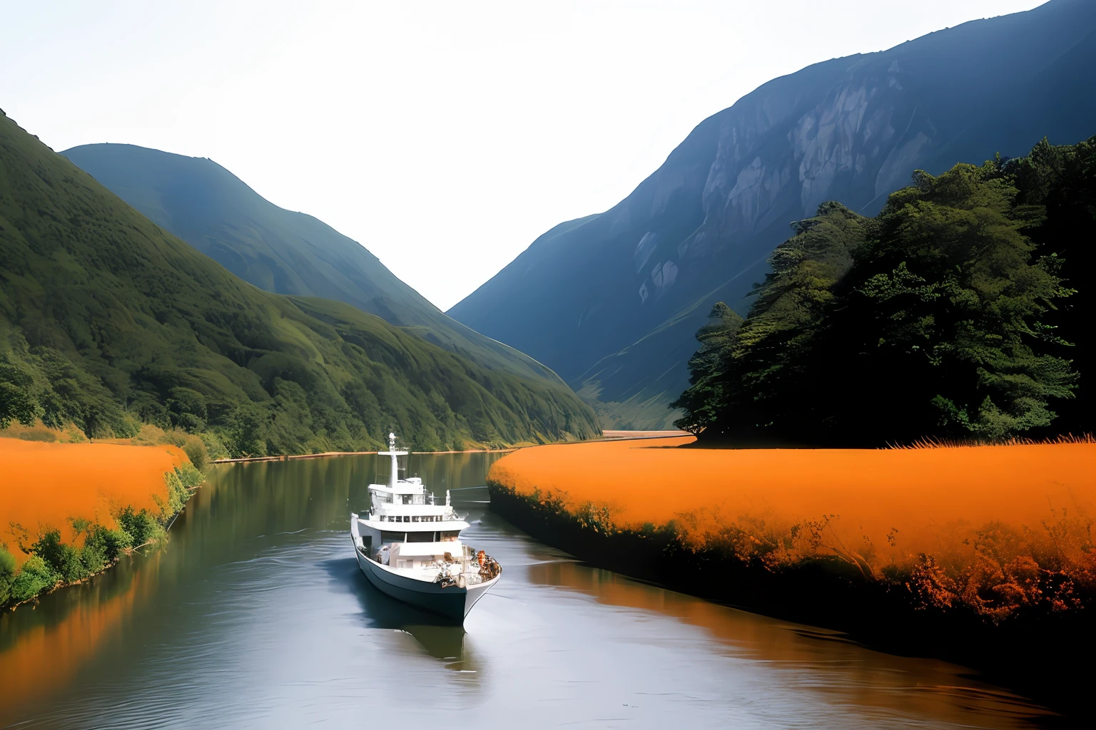 A captivating image depicting a large ship navigating a vast, floating river, with its bow and stern visible in the sky above. The surrounding foliage is dense and vibrant, with intricate patterns and patterns of flowers creating an atmospheric atmosphere. The sun casts a warm glow on the scene, casting a warm, golden glow on the boat and illuminating the river below. wide-angle lens, polarizing filter, f/1.8 aperture by Peter Lik by Michael Kenna