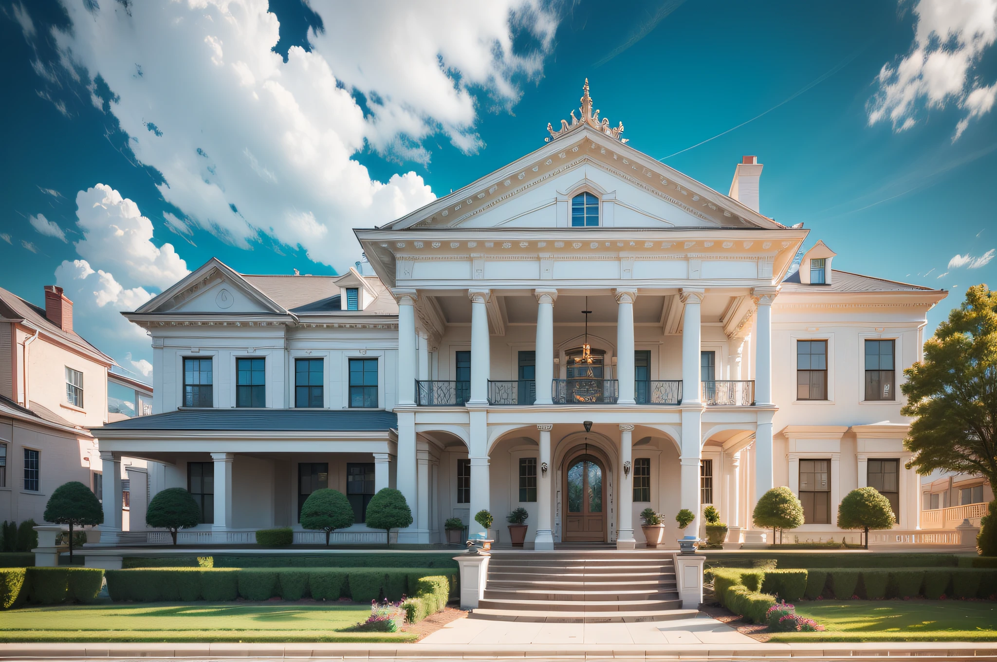 beautiful, modern american mansion façade, blue sky, award-winning photo, bokeh, perfect, millionaire, ultra detailed, 8k, cinematic