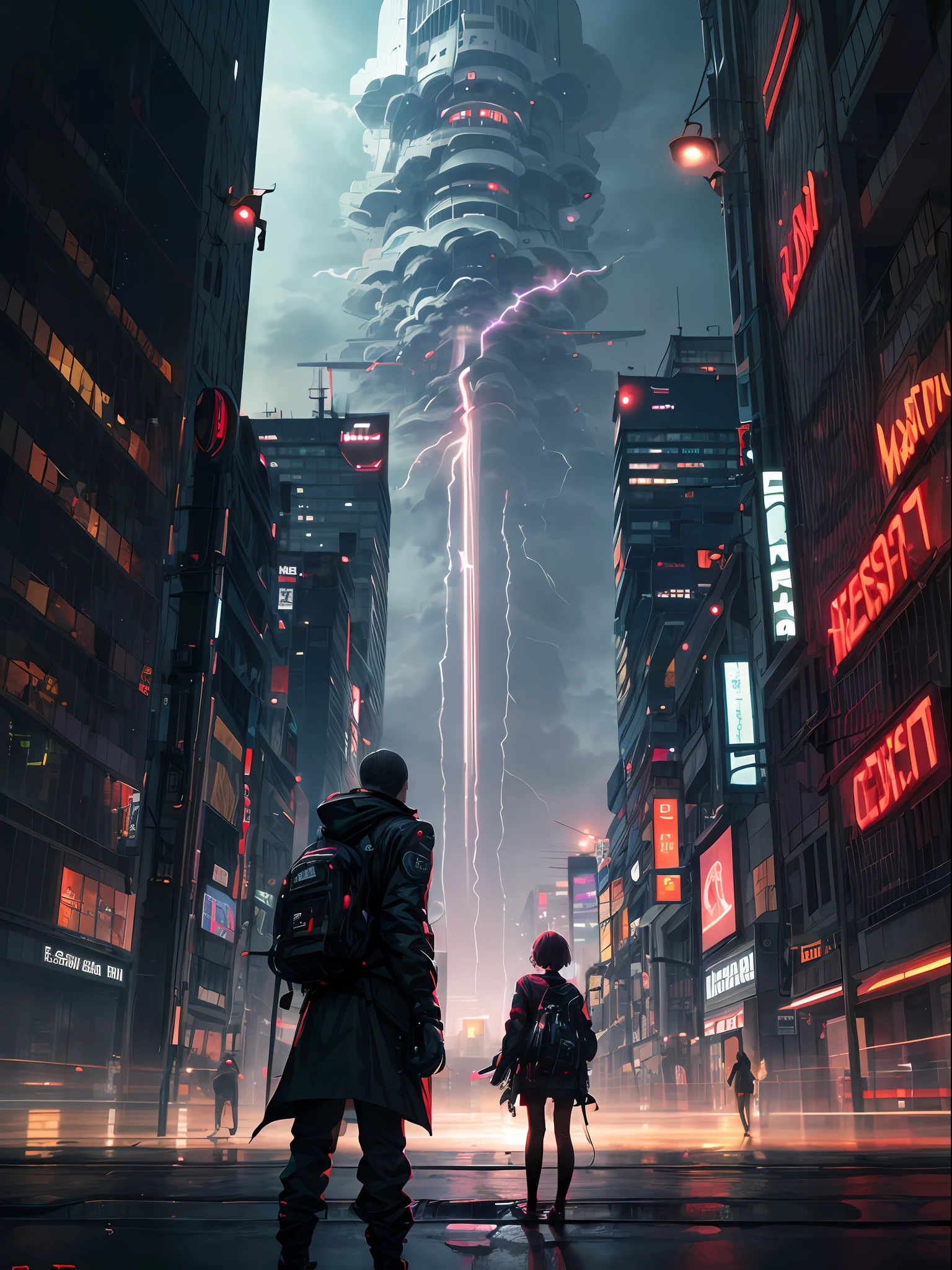 (masterpiece, best quality:1.4), photorealistic, from below, dramatic lightning, a couple of people standing on a bridge in front of a city, in a futuristic cyberpunk city, multicolored neonlights, night, rainy, smog