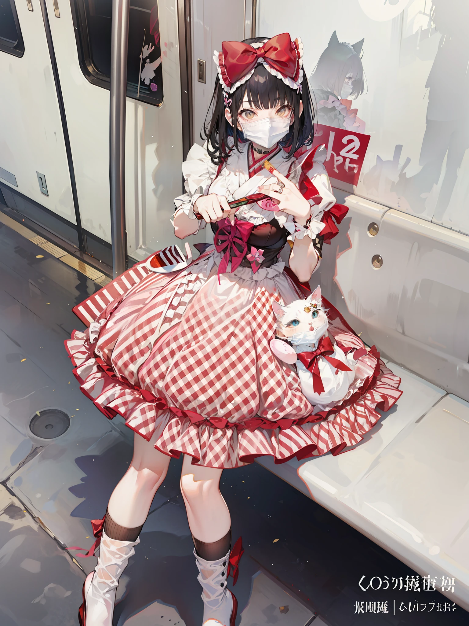 Arakfi sitting on subway bench wearing mask and dress, Lolita fashion, Lolita style, anime girl cosplay, loli, cute anime wai fu in beautiful clothes, cat boy cosplay! Maid! Dress, angelic pretty, loli in dress, japanese maid café, portrait of radical lolita girl, japanese clothes, y 2 k cute clown nucleus