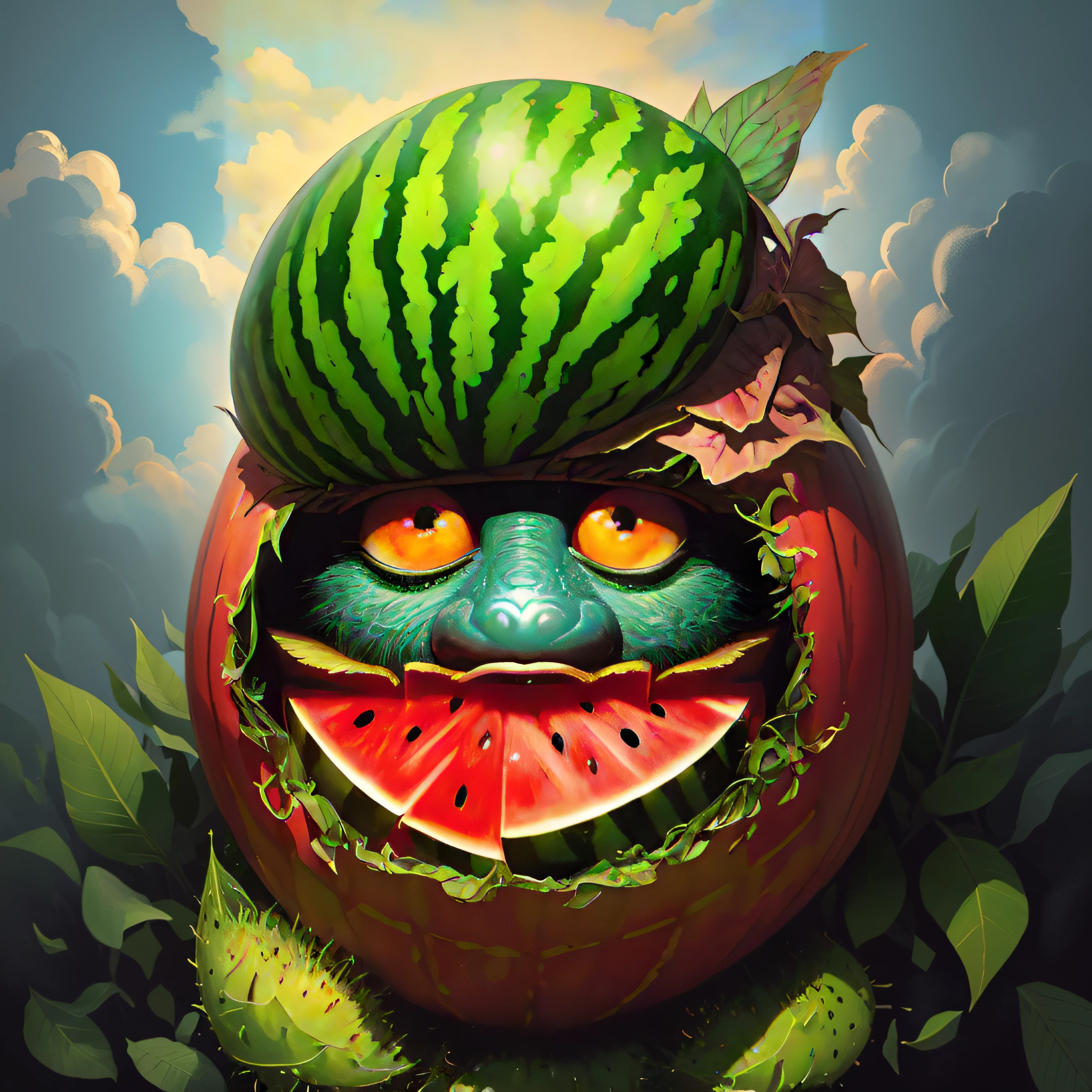 there is a watermelon with a face made of leaves, fruit monster, tomato monster, todd schorr, highly detailed digital painting, stylized digital illustration, digital painting highly detailed, todd schorr highly detailed, full art illustration, collectible card art, painting by android jones, by Adam Marczyński, jean-sebastien rossbach