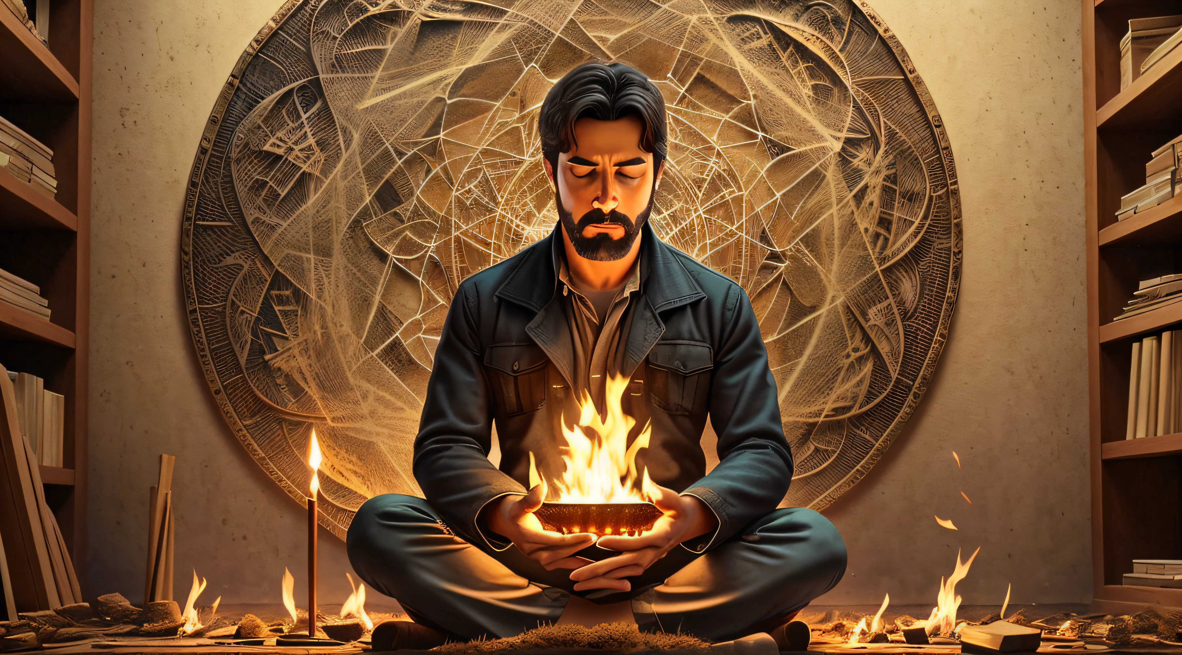 (Masterpiece, 4k resolution, ultra-realistic, very detailed, man 50 years) A FIRE WORSHIPPER MEDITATES ON THE ULTIMATE REALITIES OF EXISTENCE
This degree shows the ability, or the need, to be able to concentrate thoughts, meditate, or find your center. The "Fire Worshipper" may be intensely interested or passionate about something that throws itself in the middle of something, getting as much out of the experience, event, or study as possible. Sometimes in your life, you're likely to find yourself very focused, with a great passion for something that really piques your interest. There may be a sense of danger in some ways, but also a sense of new beginnings. Harnessing your personal resources, particularly your rich inner life, can create magic. Look through appearances to get to the heart of the matter.