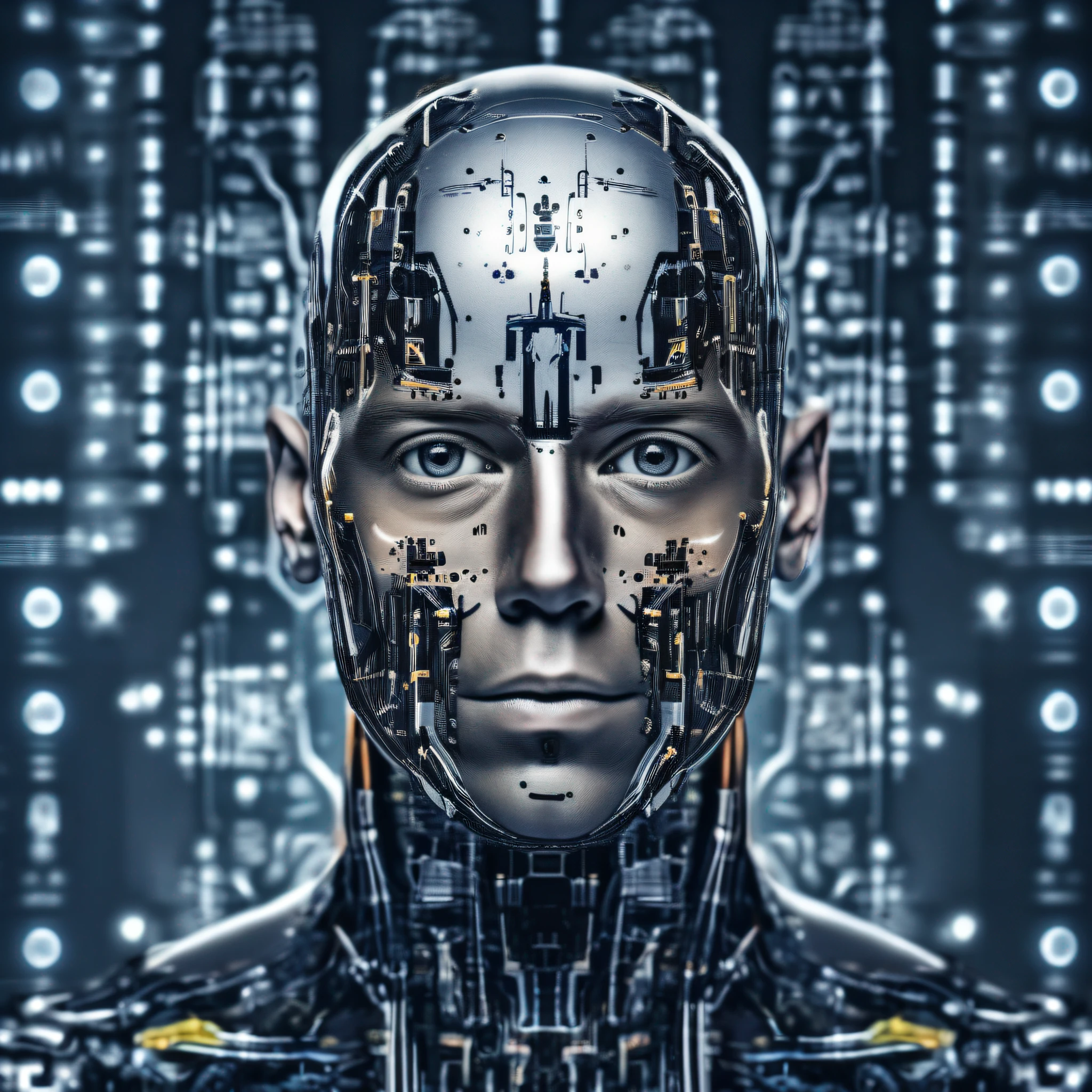 A closeup of a man with a robot head and a computer circuit, cyborg male, symmetry!! cyborg portrait, cyborg portrait, cyborg portrait, male cyborg, portrait of a cyborg, cyborg, cyborg in the data center, cyborg joe biden, human as a cyborg, detailed portrait of a cyborg, cyborg warrior, cyborg robot, cyborg body, cyborg criminoso@pedalantebranco