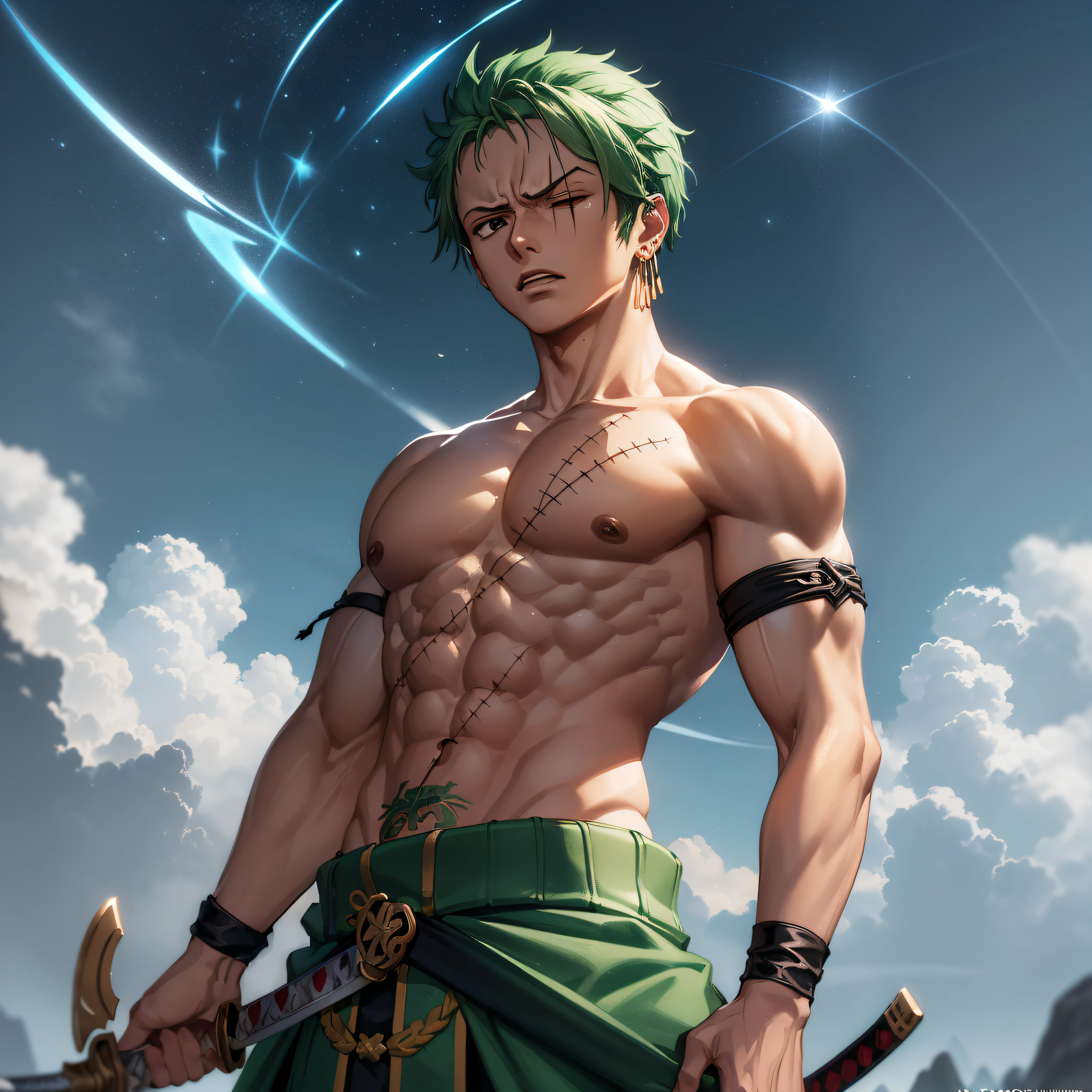 One_piece_anime, Ronoroa_Zoro, Wano_Style, embellishment, 1boy, ((vertical_scar_over_right_eye)), constura_no_peito, standing_in_a_field, dark_sky, (beat_up:1.2), katanas_crossed, (bloody:1.4), exhausted, bare_chested, (in_pain:1.2), (((obra_prima))), (((melhor_qualidade))), (((Extremamente_detalhado, sombras_escuras_intensas, foco_nítido, iluminação_suave, Santōryū, three_sword_style, green_hair, symmetrical_body,  portrait, dramatic_lighting, high_contrast, artstation, character_concept_art, Unreal_engine, hyper_detailed