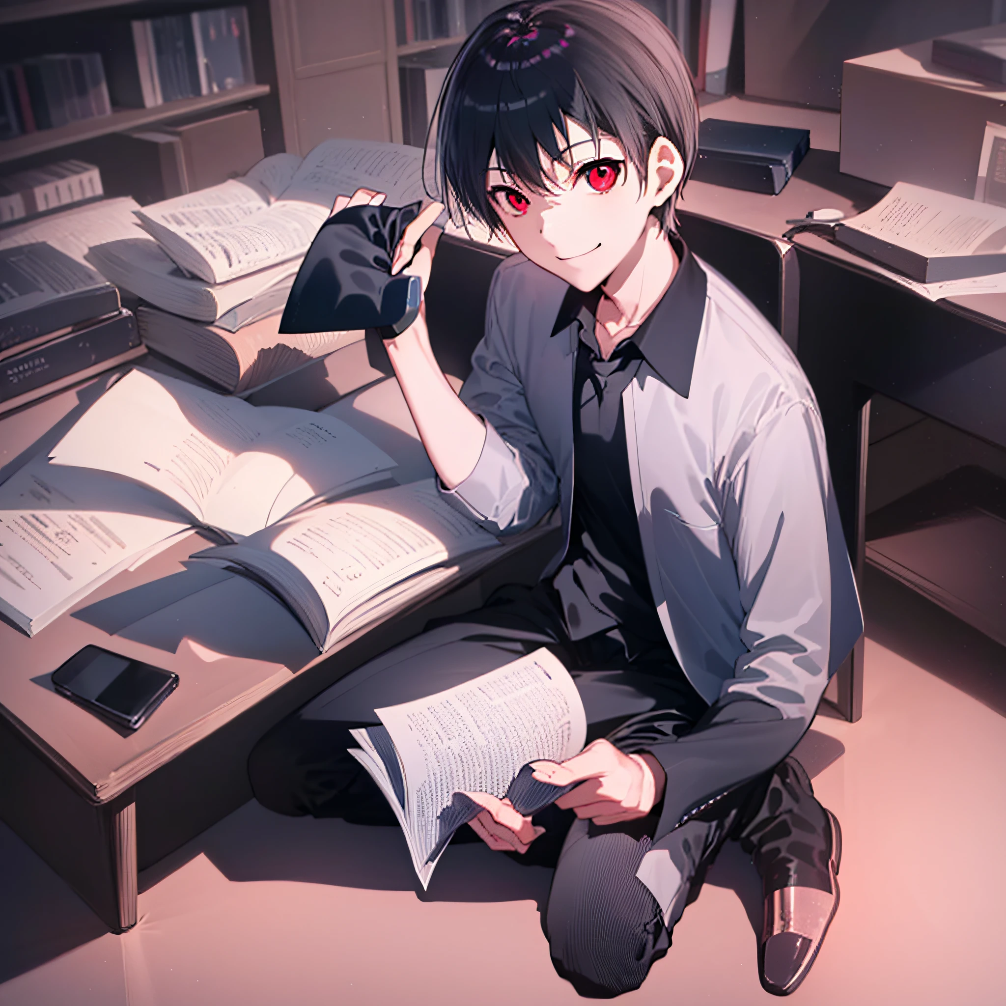 ((masterpiece)), ((best quality)), highres, There's only one person, 1boy, kiyotaka ayanokoji, 15-year-old age boy, wears a sleepsuit with long black pants, red eyes, short black hair, anatomically correct full body, normal legs, wears black sandals, ((He's sitting studying with a book in an office inside his room)), ((he has a phone in his right hand)), ((He has a smile)), ((He's looking at his phone)), ((complete detached escenario)), (((mystery)), ((romantic)), ((nocturnal environment)), ((Low light))
