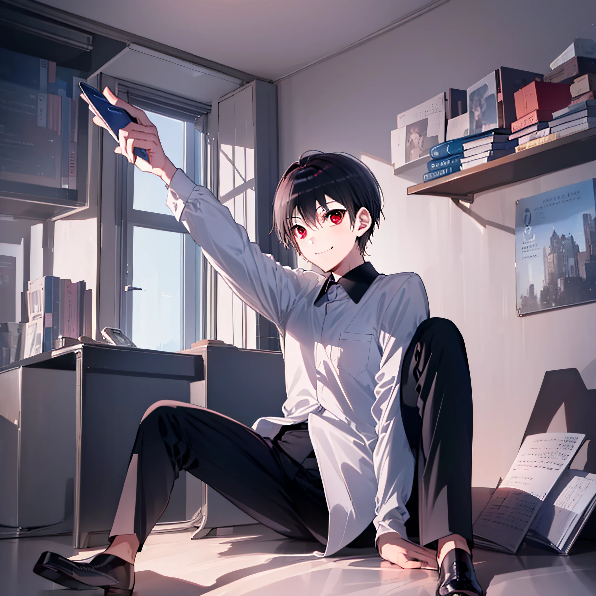 ((masterpiece)), ((best quality)), highres, There's only one person, 1boy, kiyotaka ayanokoji, 15-year-old teenage boy, wears a sleepsuit with long black pants, red eyes, short black hair, anatomically correct full body, normal legs, wears black sandals, ((He's sitting studying with a book in an office inside his room)), ((he has a phone in his right hand)), ((He has a smile)), ((He's looking at his phone)), ((complete detached escenario)), (((mystery)), ((romantic)), ((nocturnal environment)), ((Low light))