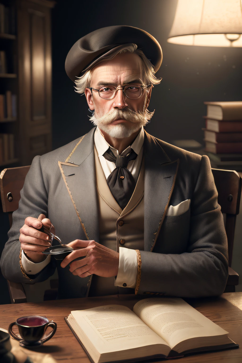 The 19th century, portrait of middle age gentleman, cylinder, hat, mustache, sitting on chair, on the table is wine and old book, High quality photo, ultra high res, (photorealistic:1.4), baroque, cinema lighting, insanely detailed, hyper realistic, intricate design, fine details, octane render