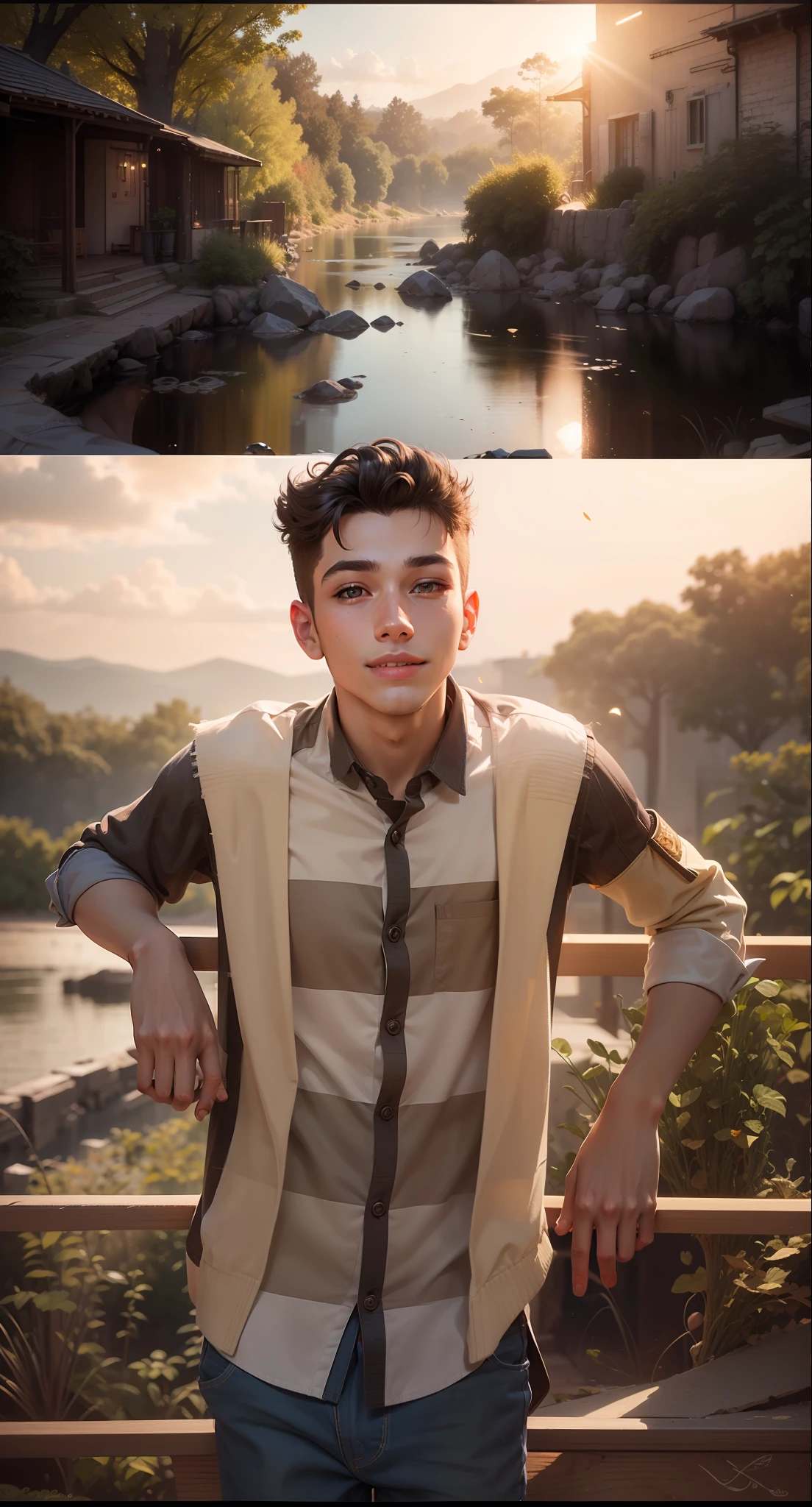 (masterpiece), realistic, (18yr old male), beautiful face, wearing a Simple beige shirt and denim skirt, studio lighting, cinematic light, beautiful woman, beautiful black eyes, milk beige middle hair, perfect anatomy, very cute smile, princess eyes , (black eyes), (head frame), center image, style, bioluminescent, 8 life size, 8k Resolution, human hands, curiously complete, elegant, close to perfection, dynamic, highly detailed, character sheet, concept art, smooth, positioned so that their bodies are symmetrical and balanced directly towards the viewer, amazing Incredibly beautiful 20-something realistic handsome boy , detailed hairstyles,