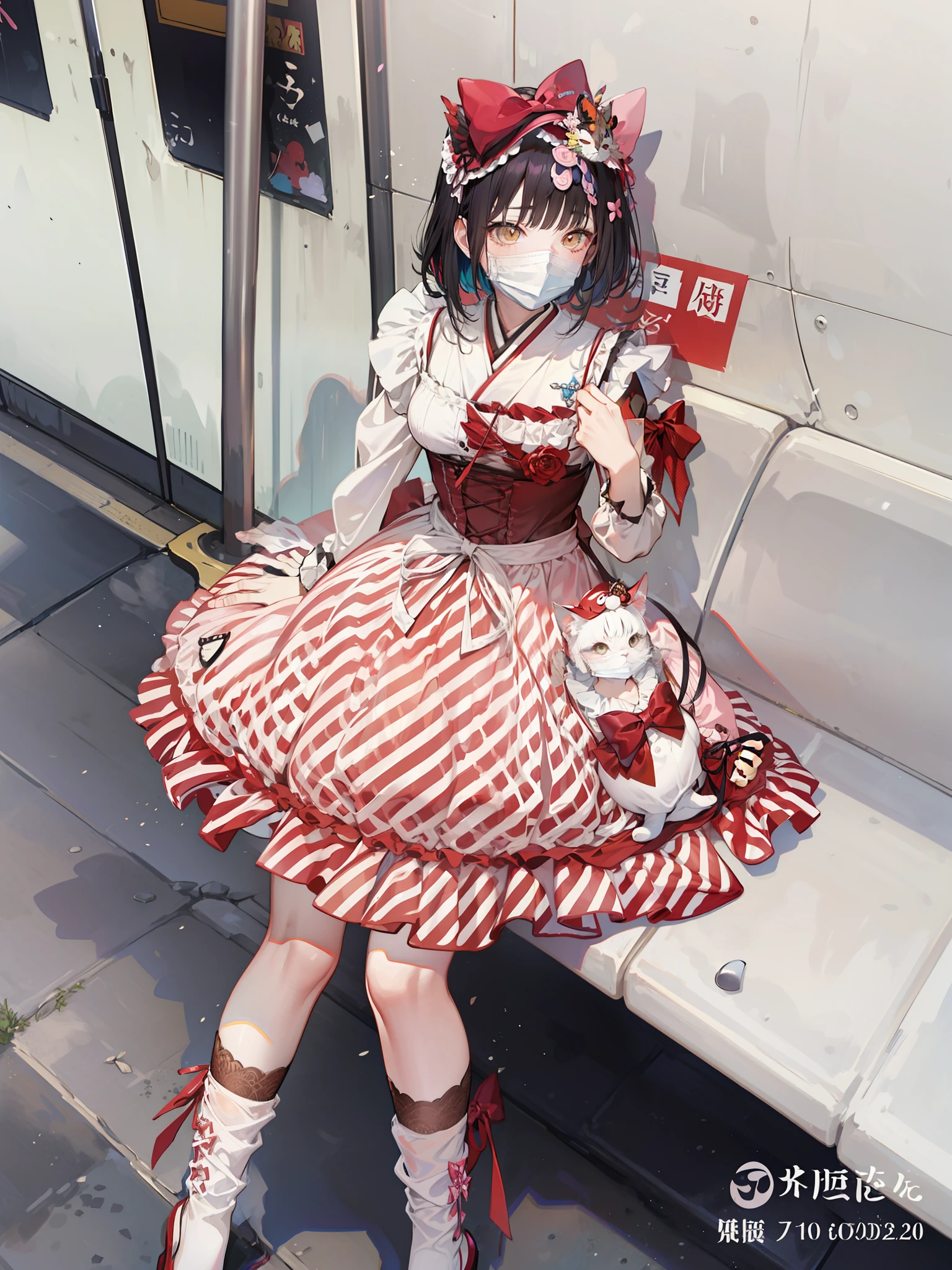 Arakfi sitting on subway bench wearing mask and dress, ta fashion, Lolityle, anime girl cosplay, loli, cunime wai fu in beautiful clothes, cat boy cosplay! Maid! Dress, angelic pretty, loli in dresapanese maid café, portrait of radical lolita girl, jape clothes, y 2 k cute clown nucleus