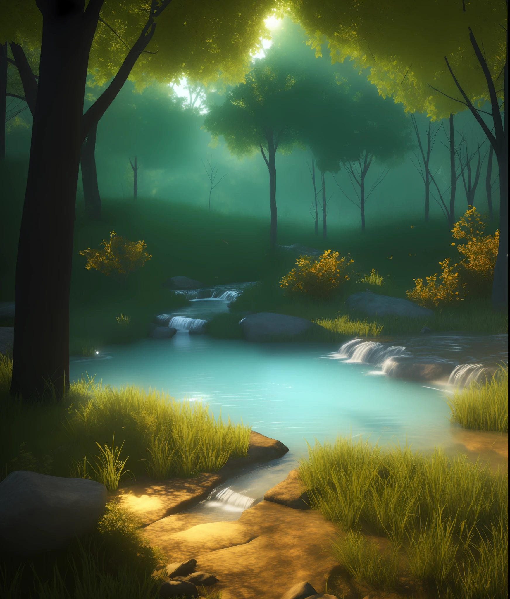 Realistic landscape, 3d, light, nature, anime, ray tracing, dense forest, animals, water stream, (SEMI-SILHOUETTE light:1.1), (raytracing:1.1), (cryengine:1.1), (skin detail:1.1),(photrealistic:1.1)