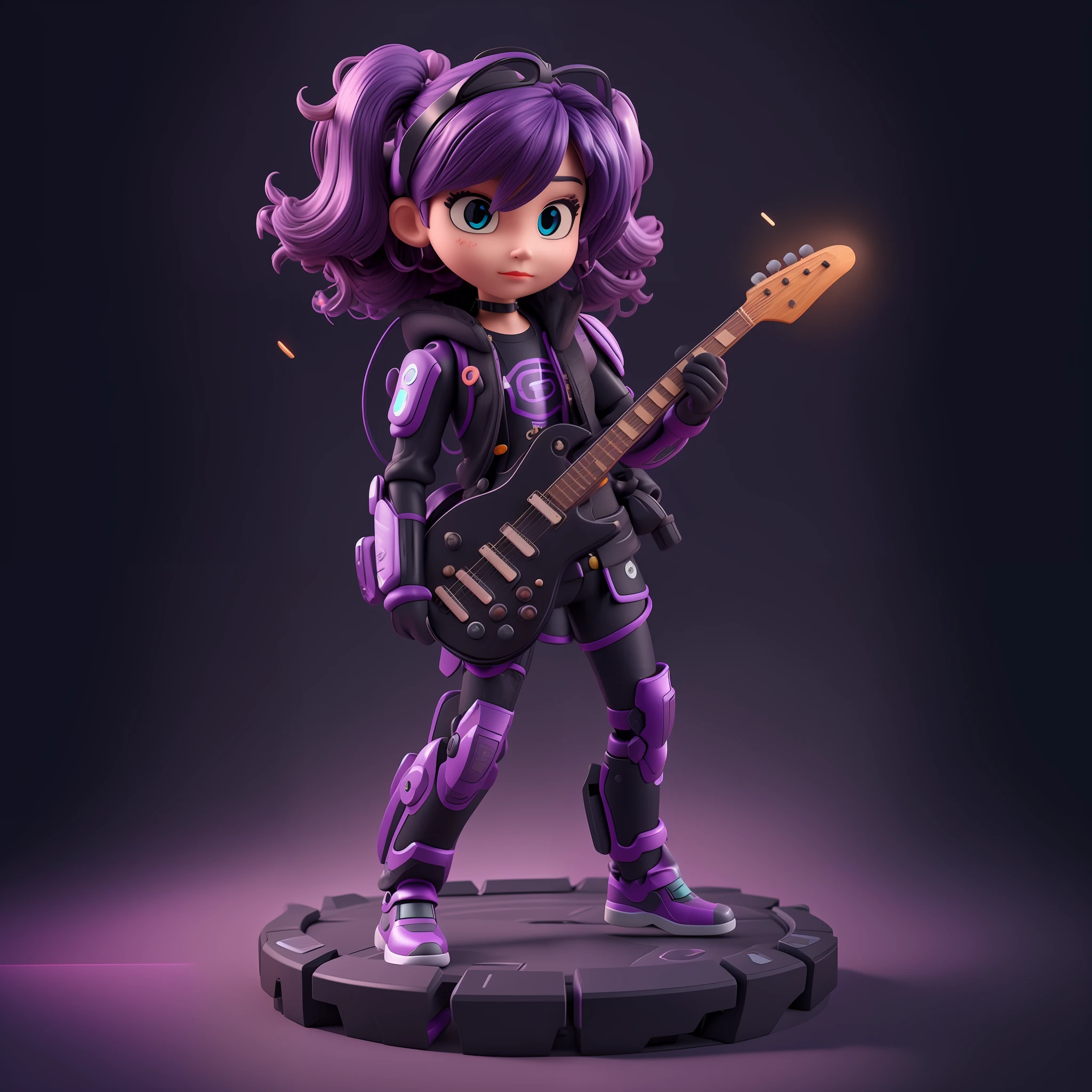 mechanical cyborg, chibi girl, playing guitar, resin mockup, intricate details, looking at viewer, bored pose, full body, black background, super trendy, with purple hair, bored face, robotic arms, holding black mecha weapons, wearing black bulletproof jacket and functional shoes nike red black, light neon lines on jacket shorts and shoes, fine glitter, clay material, popmart style, cyberpunk, ip by popmart, blind box mockup, studio light, view front, 3d rendering, c4d, octane rendering, blender, hyper quality, ultra hd, ultra high details, 8k,