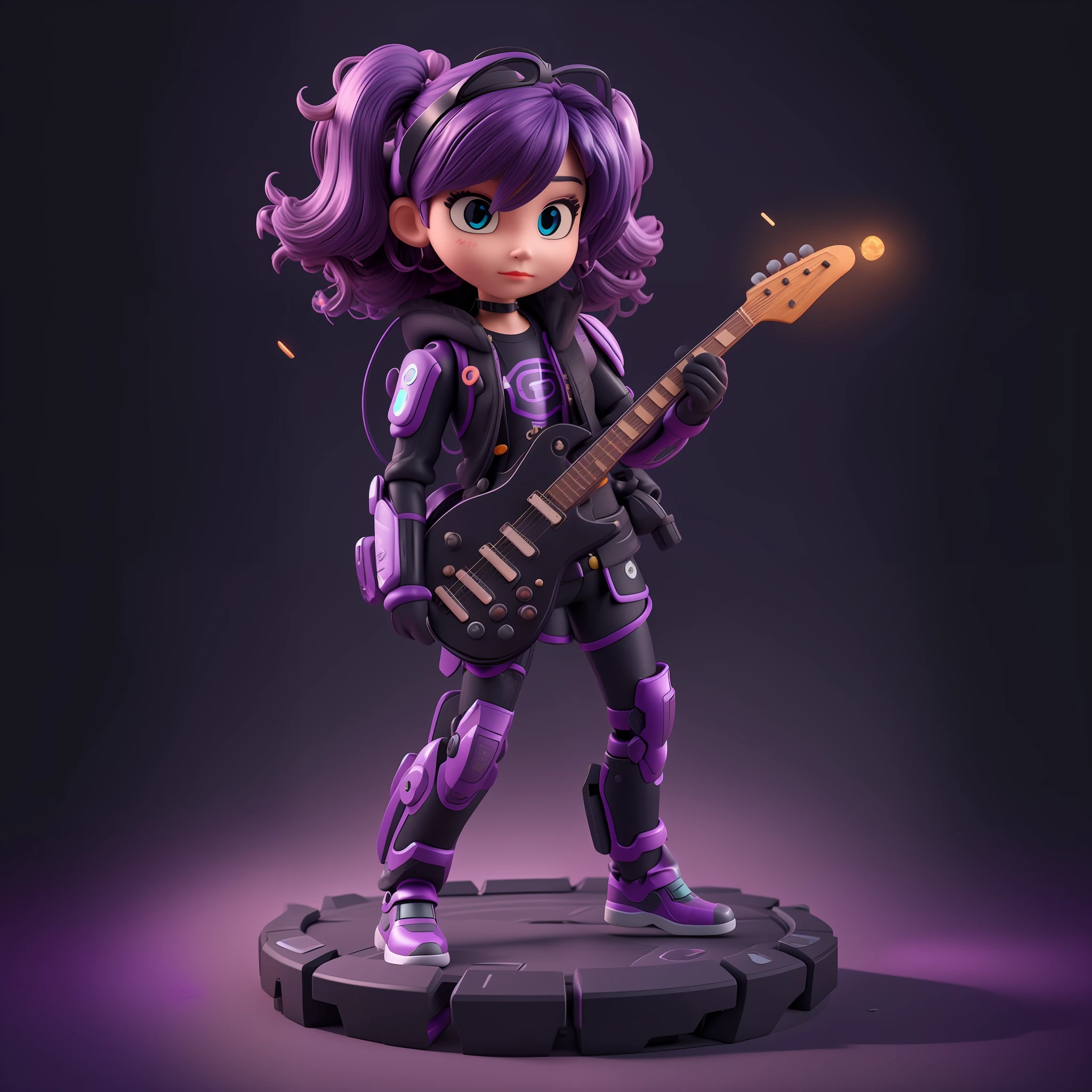 mechanical cyborg, chibi girl, playing guitar, resin mockup, intricate details, looking at viewer, bored pose, full body, black background, super trendy, with purple hair, bored face, robotic arms, holding black mecha weapons, wearing black bulletproof jacket and functional shoes nike red black, light neon lines on jacket shorts and shoes, fine glitter, clay material, popmart style, cyberpunk, ip by popmart, blind box mockup, studio light, view front, 3d rendering, c4d, octane rendering, blender, hyper quality, ultra hd, ultra high details, 8k,
