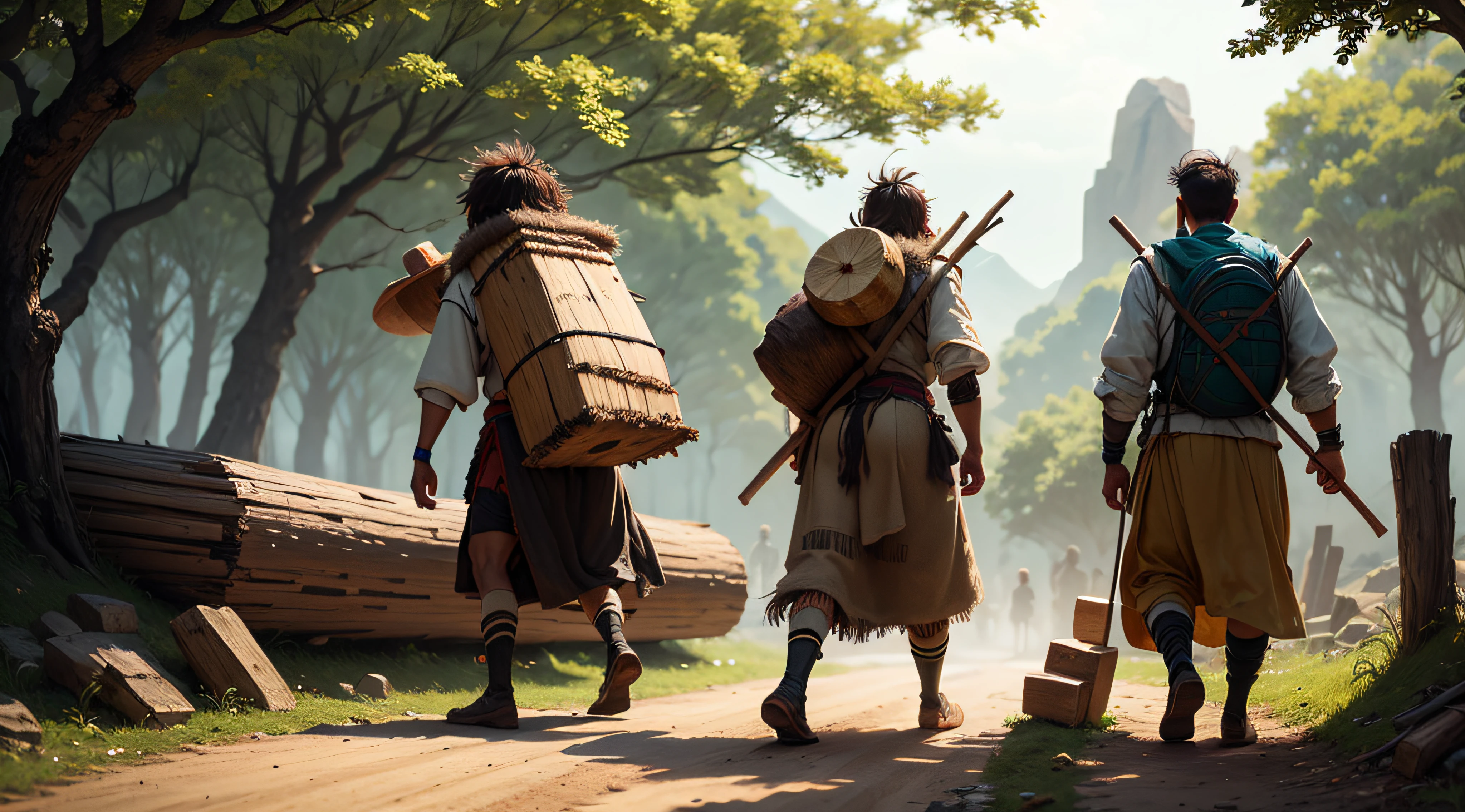 a nomad tribe, trying to carry a log of wood- stone Age