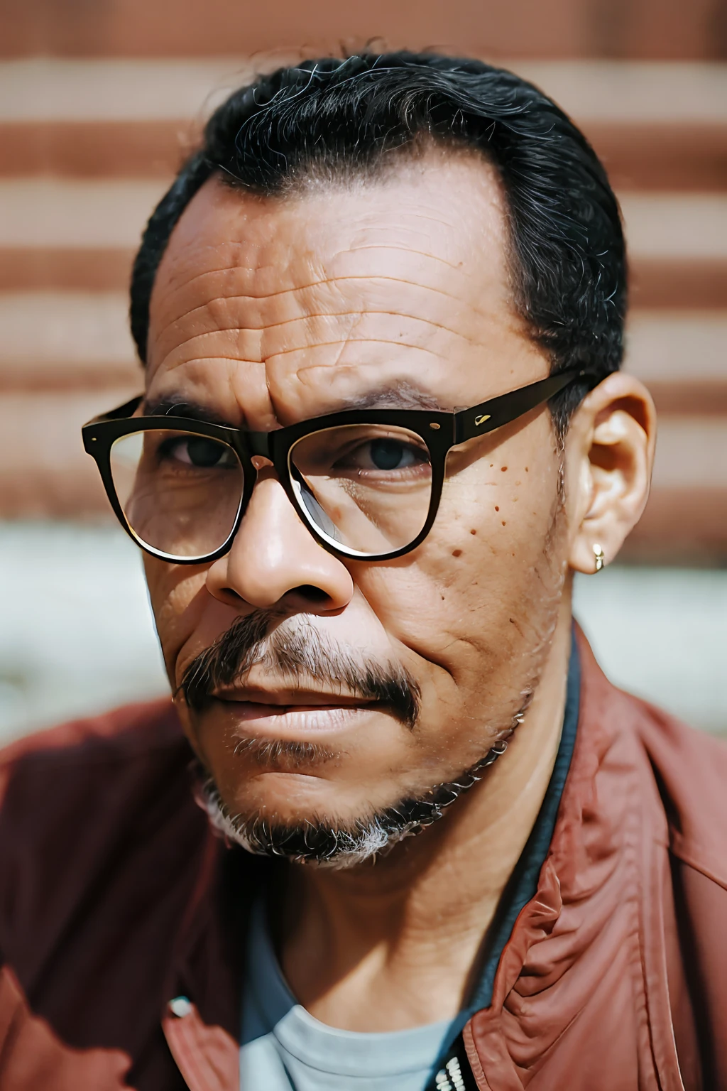 guttonerdvision6, detailed man with glasses, 50 years old, tall, dark hair color, light skin color, taken with a Leica M6 and a Leica 75mm F1.25 Noctilux, atmospheric lens.