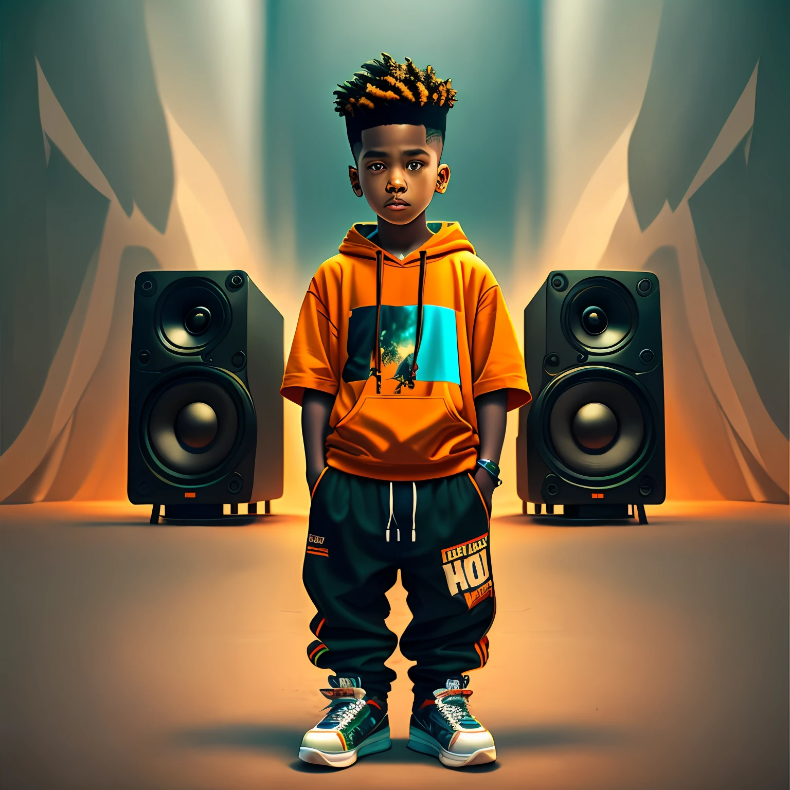 Image of a boy standing, (well-defined face 4k), wearing hip-hop style clothes, speakers, 90's style --auto