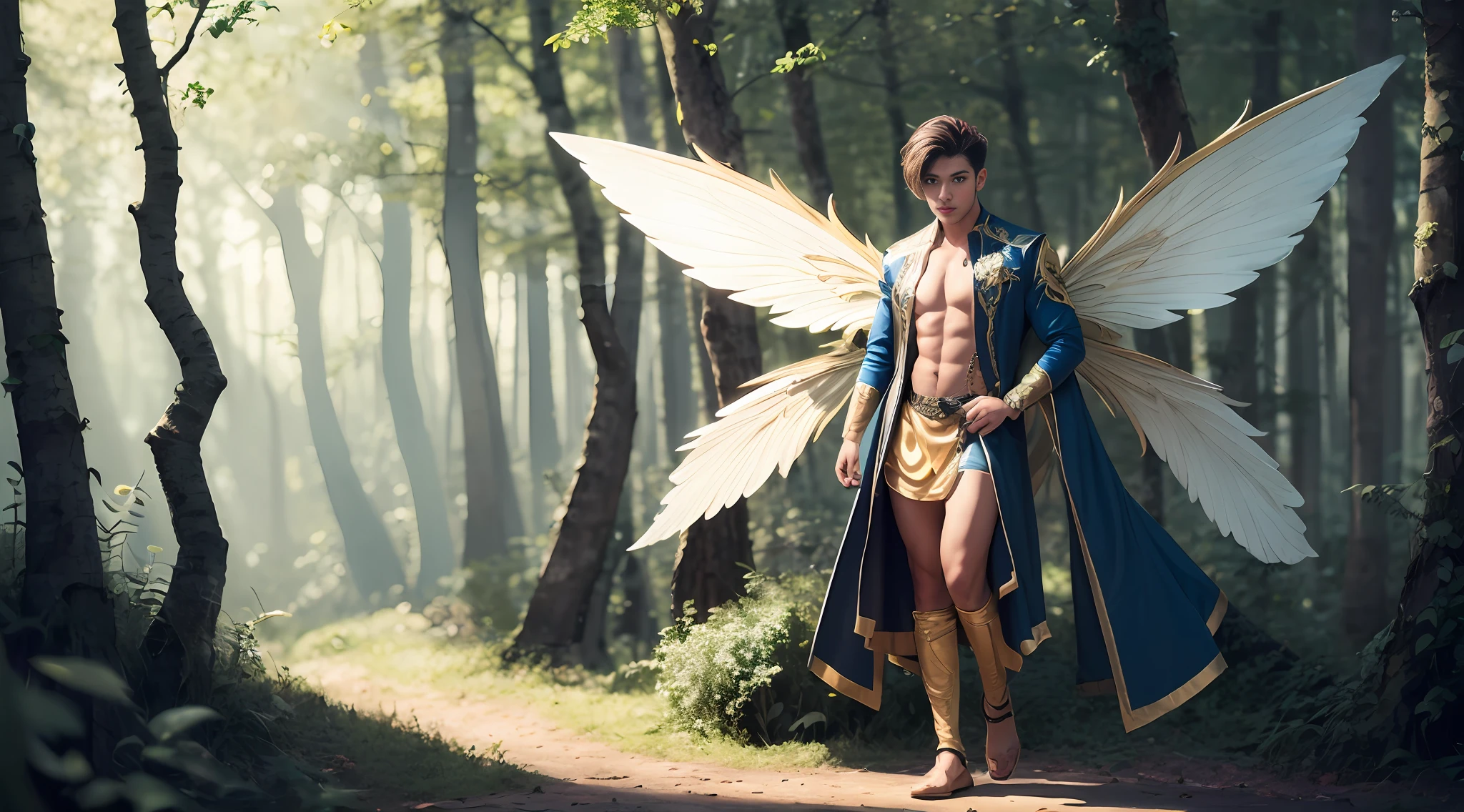 Cute male fairy with blue and gold details, large wings, full body, forest in the background, soft, delicate, symmetrical colors, male face, masterpiece, full body --auto