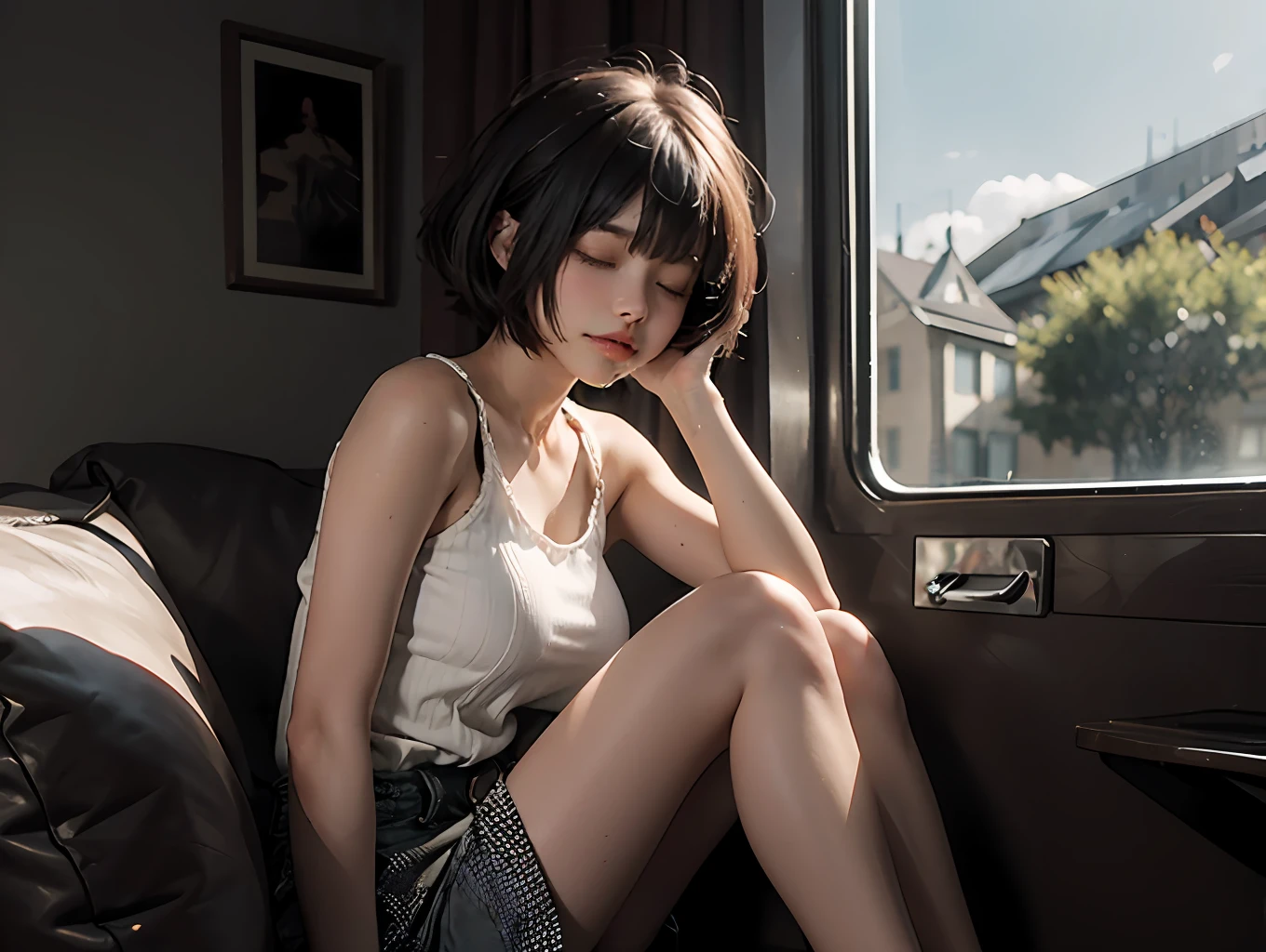 Beautiful woman 18 years old thin body small breasts, sitting open legs, short hair, bangs covering eyes