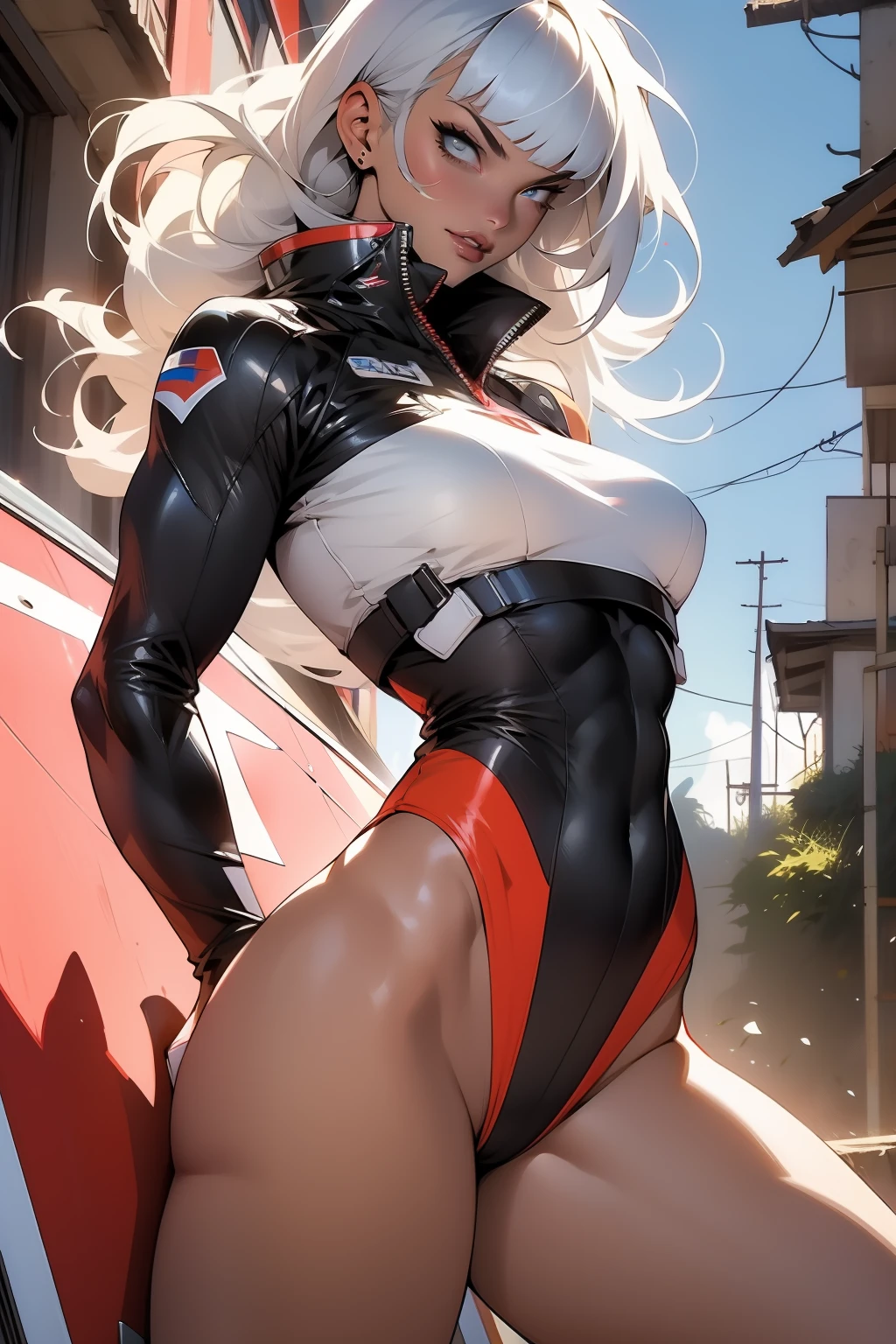 (((Simon Bisley)))), Mature woman 35 years muscular gorgeous, giant robot pilot, wild with perfect body, bare thighs, white hair with bangs, wearing little clothes, tiny thong, hoarse with the colors of the flag of the Czech Republic, sensual pose, pose with attitude, add movements, large breasts, technological scenery
